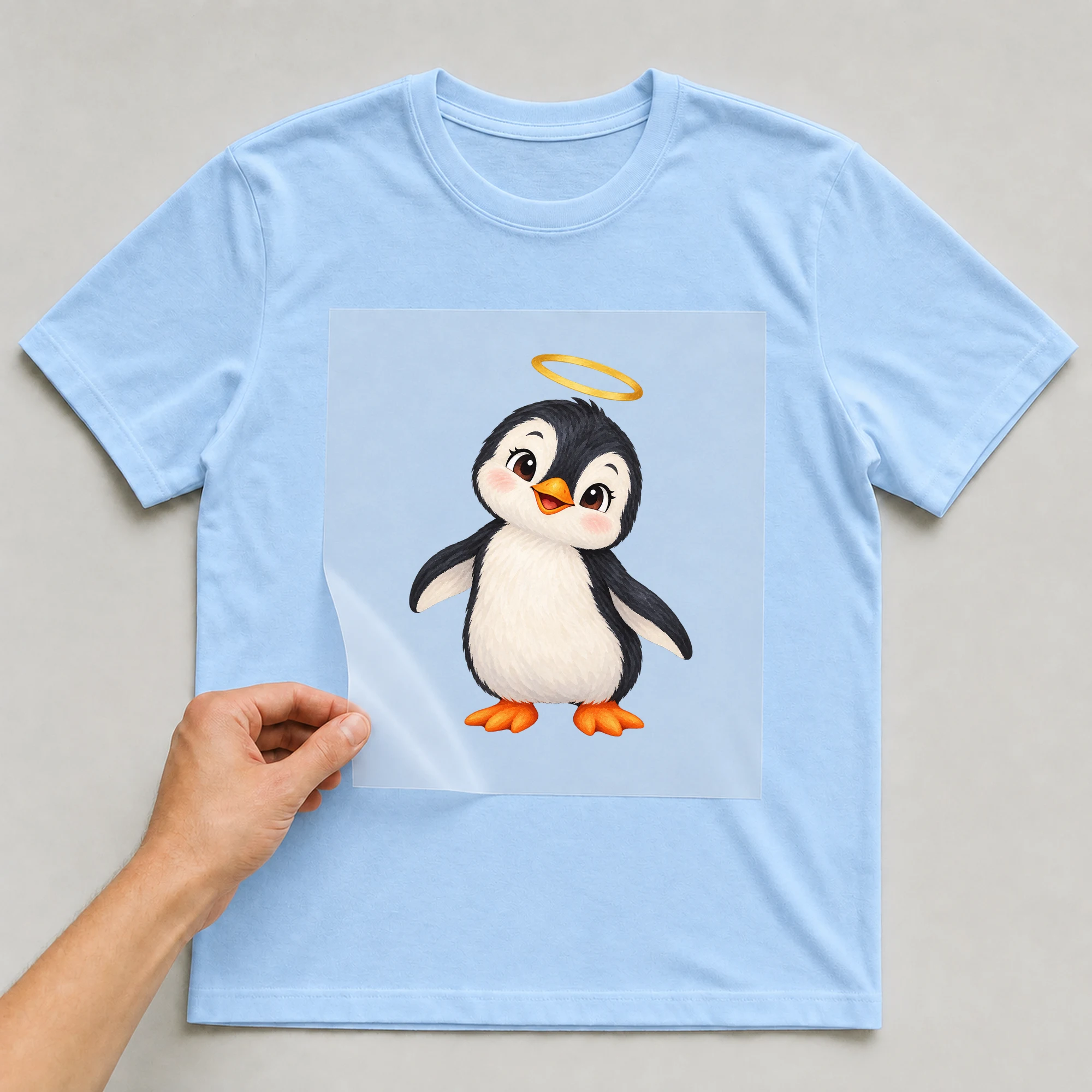 Bügelbild „Angel Penguin“ auf babyblauem T-Shirt, Folie wird aufgelegt