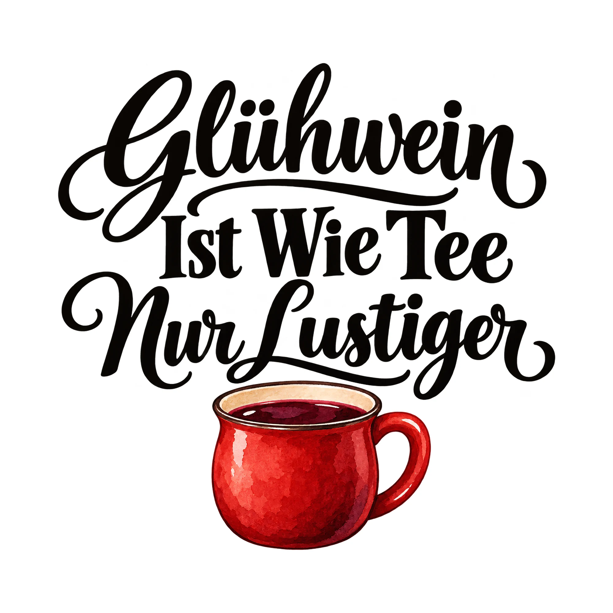 Bügelbild „Glühwein ist wie Tee nur lustiger“, Küchen Spruch Bügelbild als Grafik auf weißem Hintergrund (BB015101)
