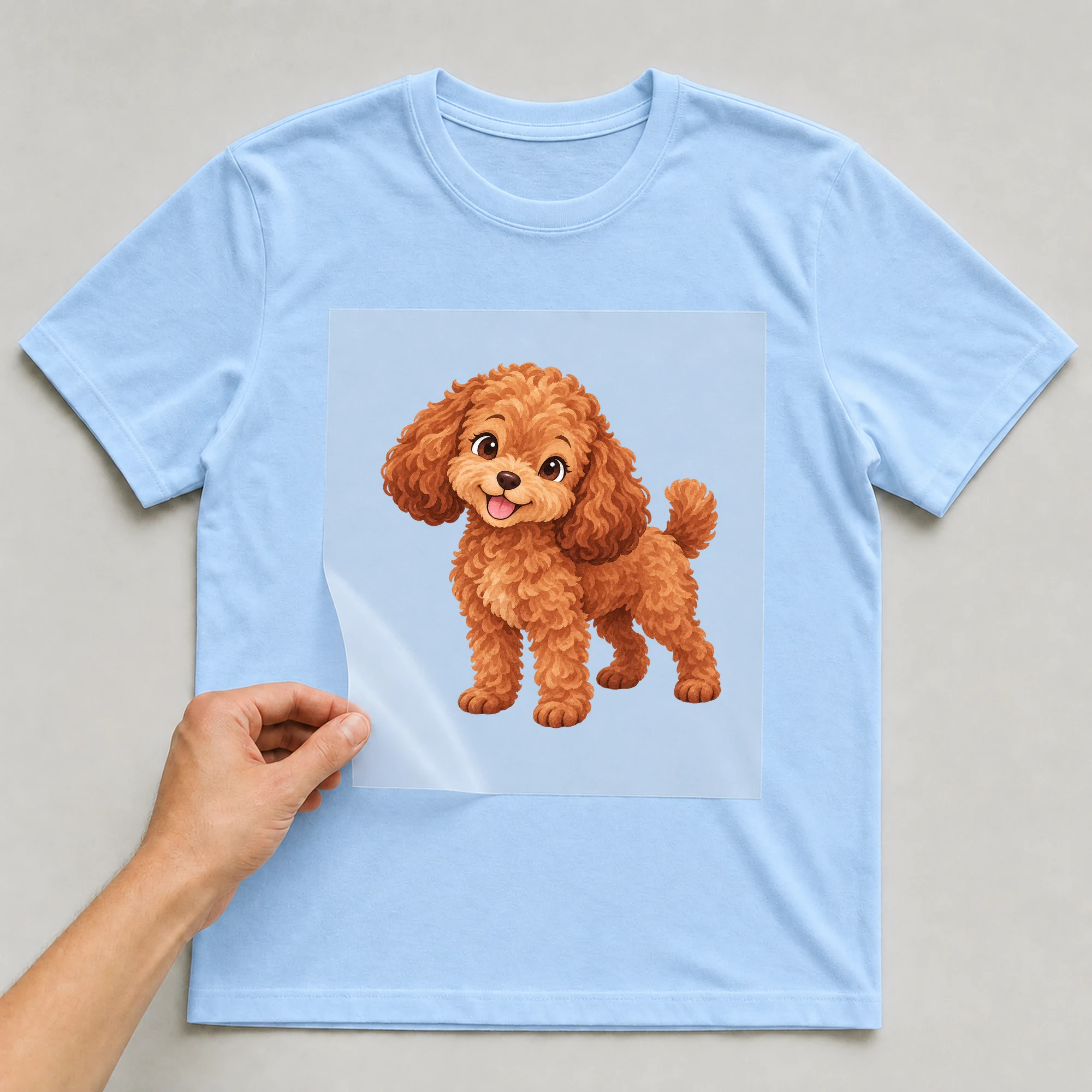 Bügelbild „Zwergpudel“ auf babyblauem T-Shirt, Folie wird aufgelegt