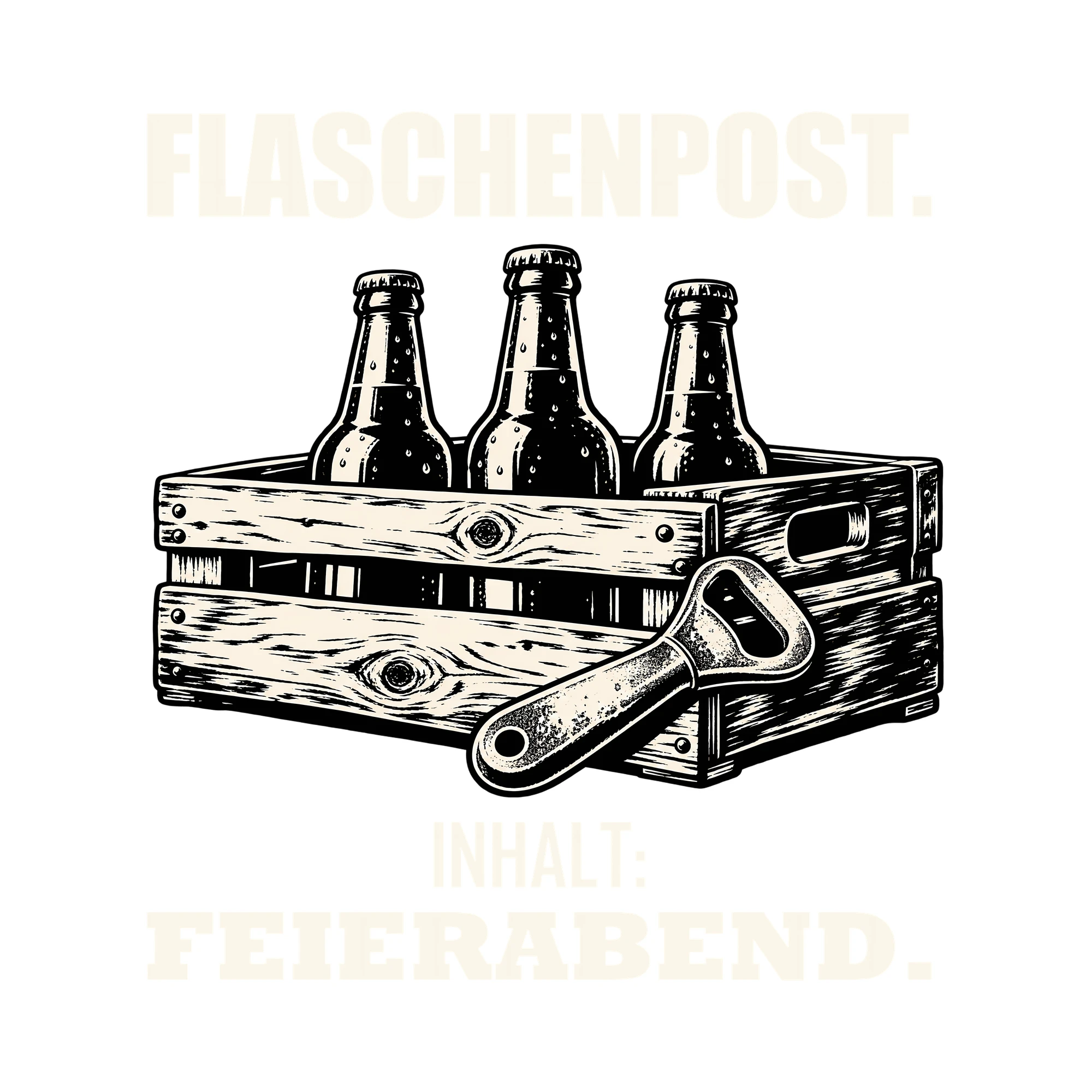Bügelbild FLASCHENPOST. INHALT: FEIERABEND. als Grafik auf weißem Hintergrund (BB011834)