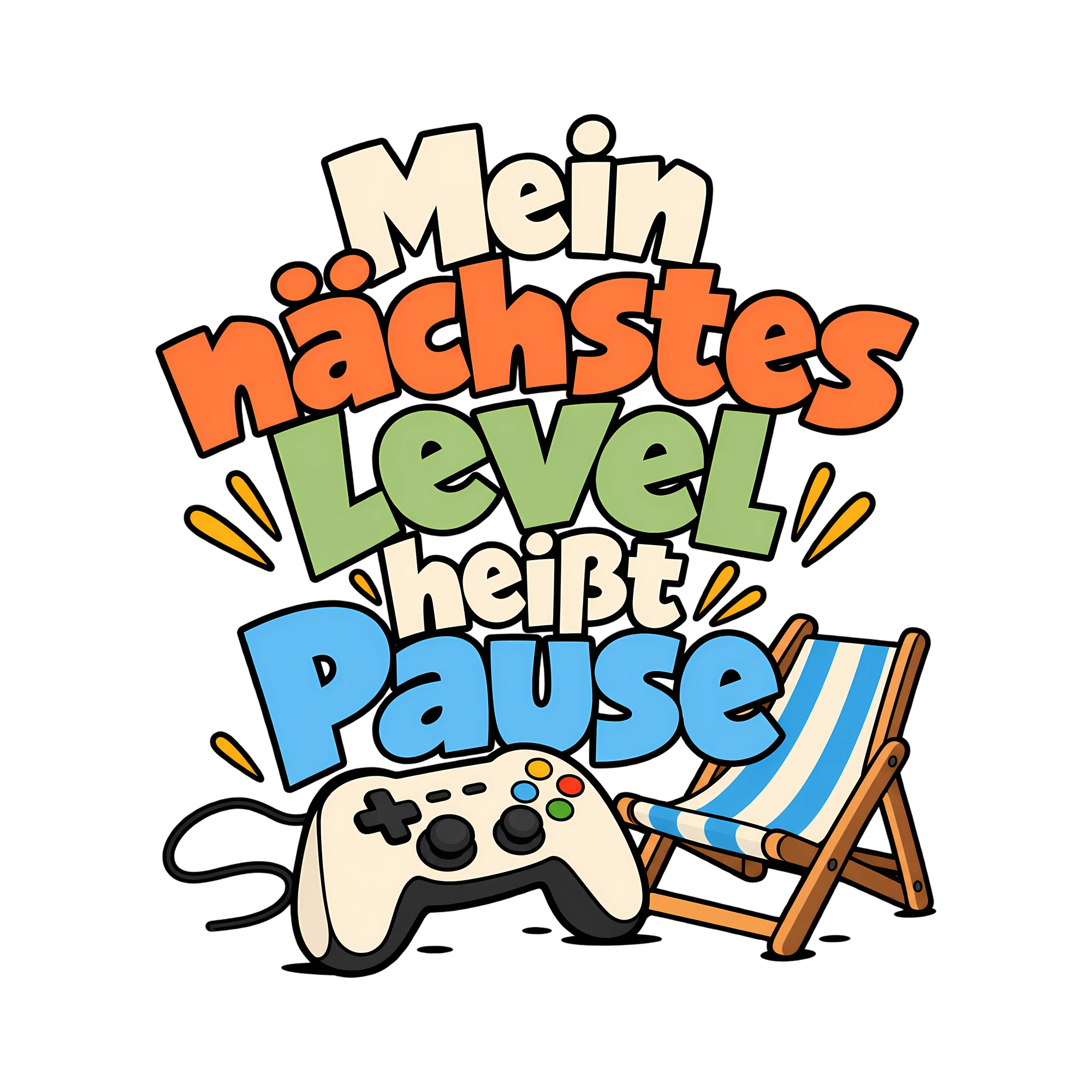 Bügelbild Mein nächstes Level heißt Pause als Grafik auf weißem Hintergrund (BB013008)