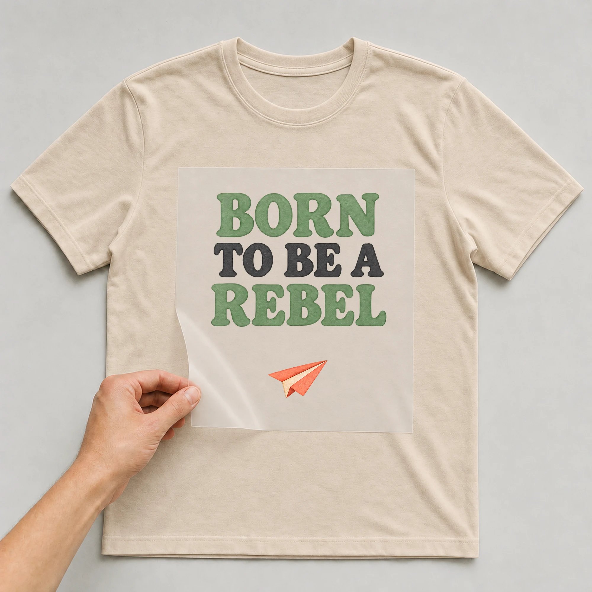 Bügelbild „BORN TO BE A REBEL“ auf beigem T-Shirt, Folie wird aufgelegt