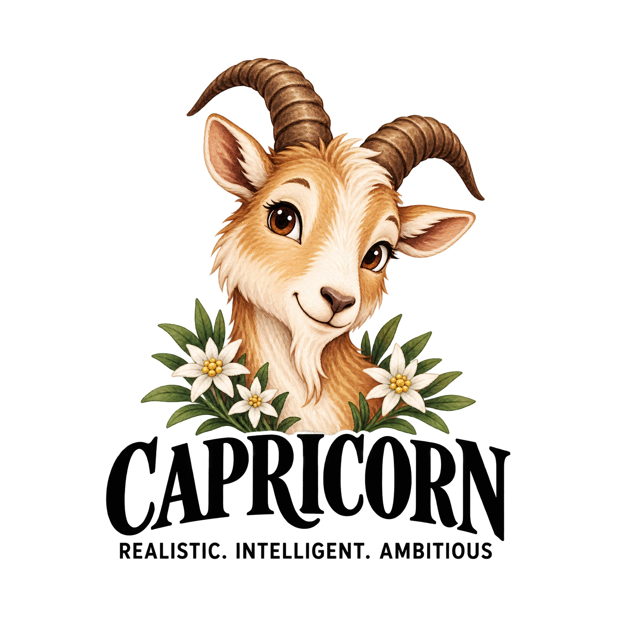 Bügelbild Capricorn Realistic. Intelligent. Ambitious, Lustiger Shirt Spruch als Grafik auf weißem Hintergrund (BB015817)