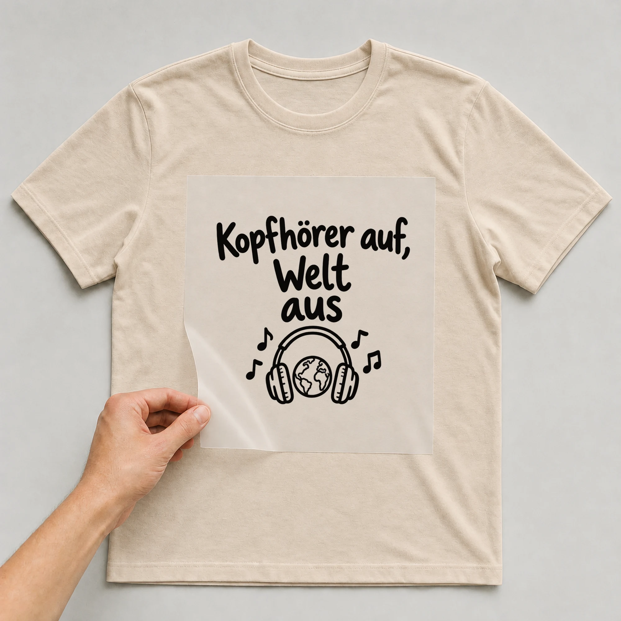 Bügelbild „Kopfhörer auf, Welt aus“ auf beigem T-Shirt, Folie wird aufgelegt