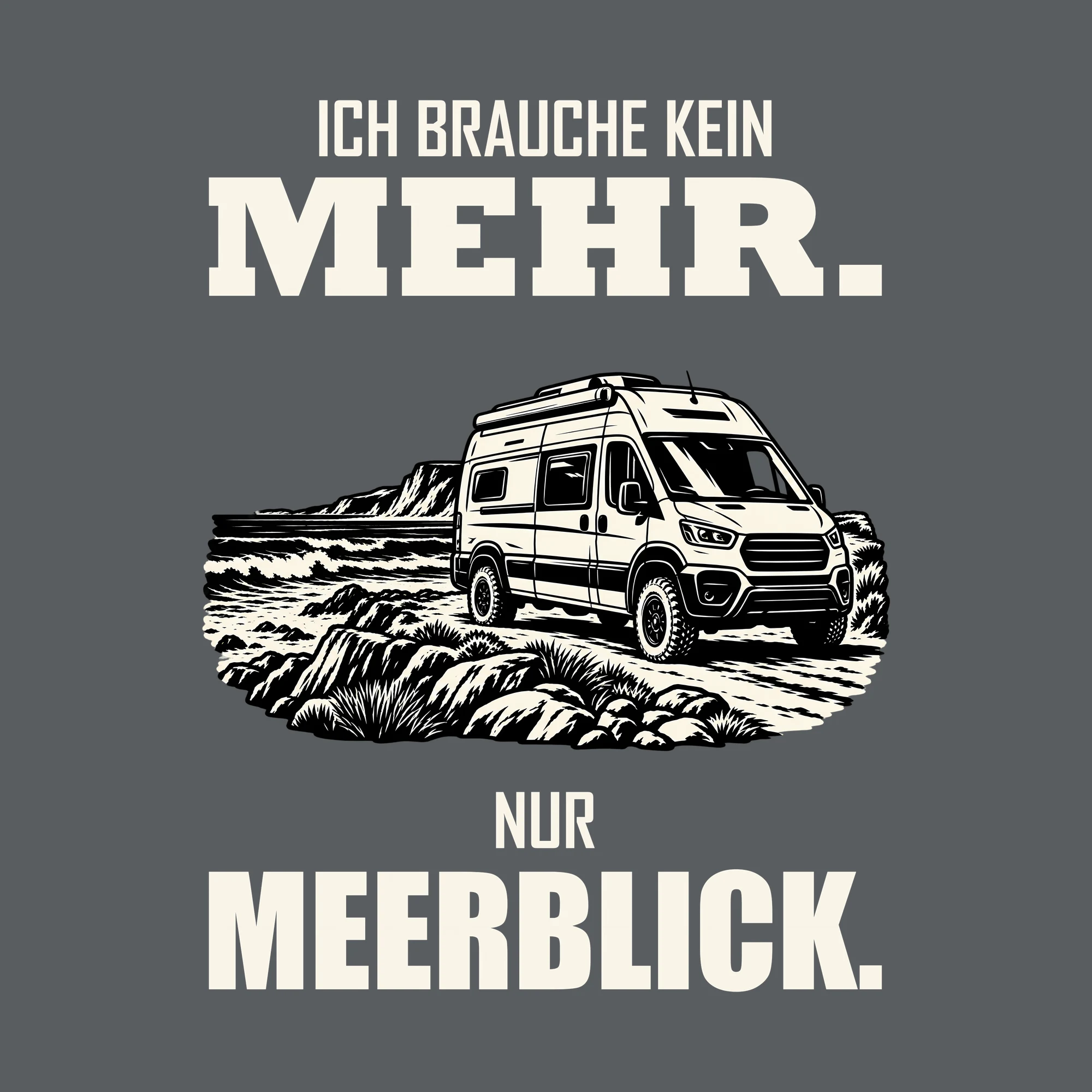 Bügelbild ICH BRAUCHE KEIN MEHR. NUR MEERBLICK. als Grafik auf dunklem Hintergrund (BB012748)