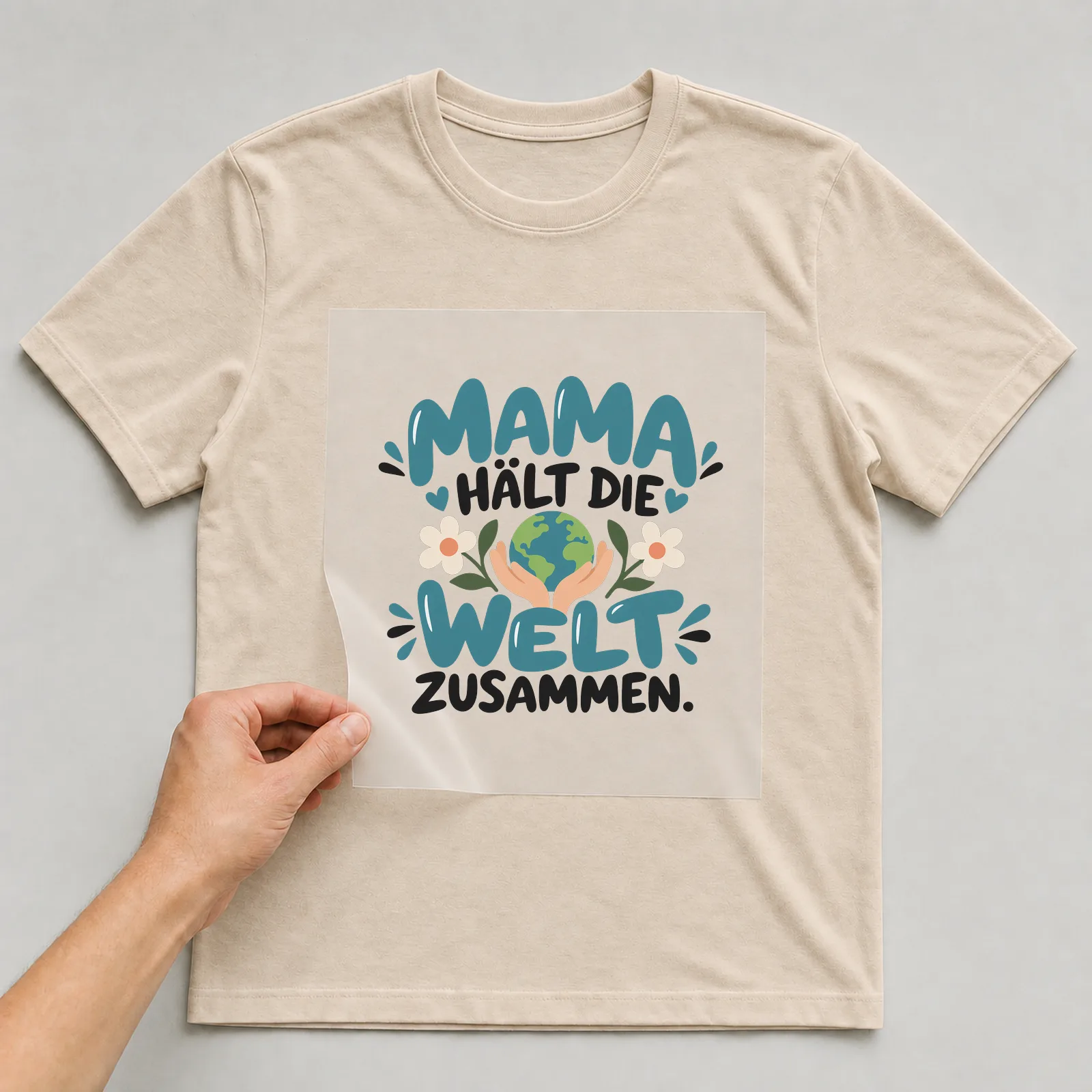 Bügelbild „Mama hält die Welt Zusammen“ auf beigem T-Shirt, Folie wird aufgelegt