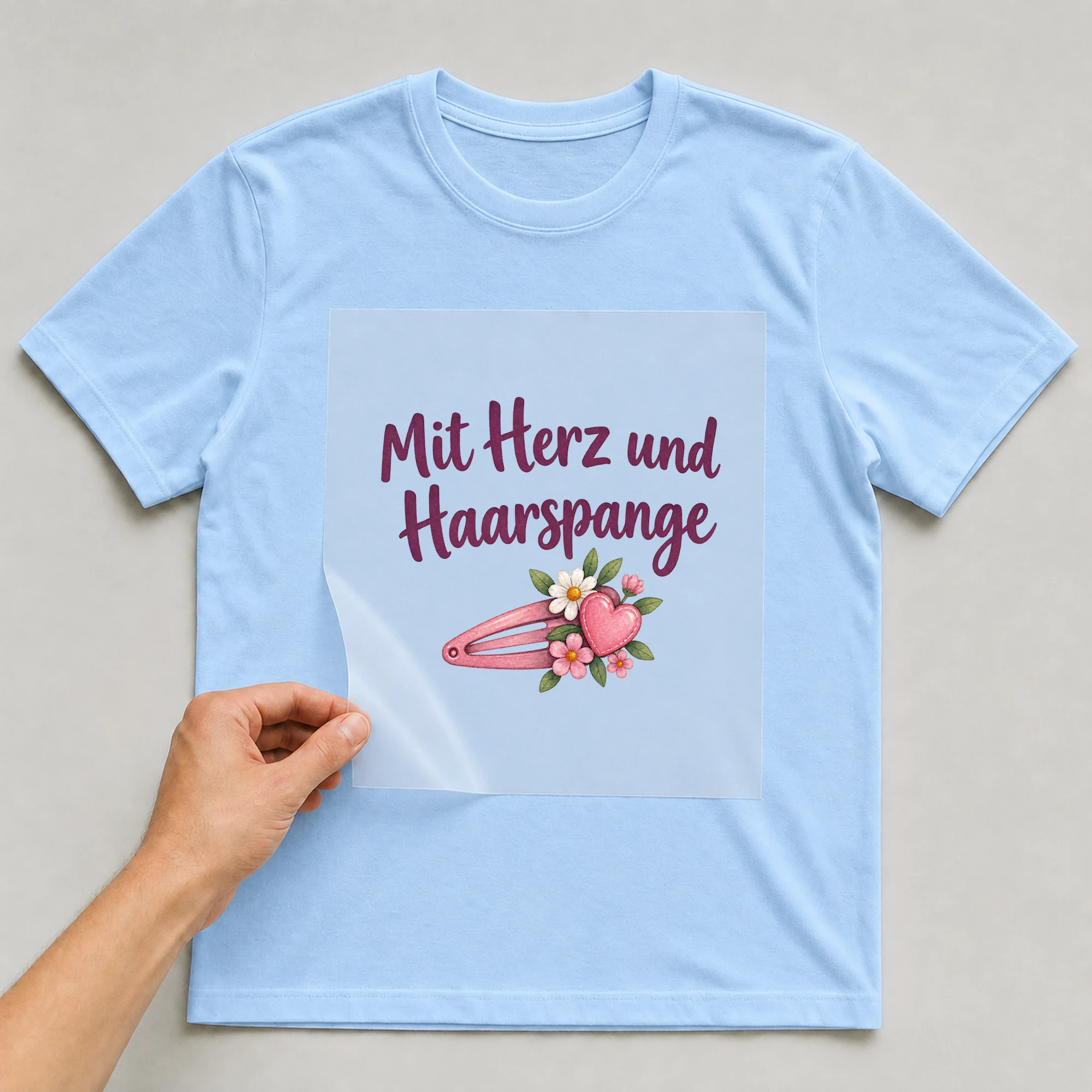 Bügelbild „Mit Herz und Haarspange“ auf babyblauem T-Shirt, Folie wird aufgelegt