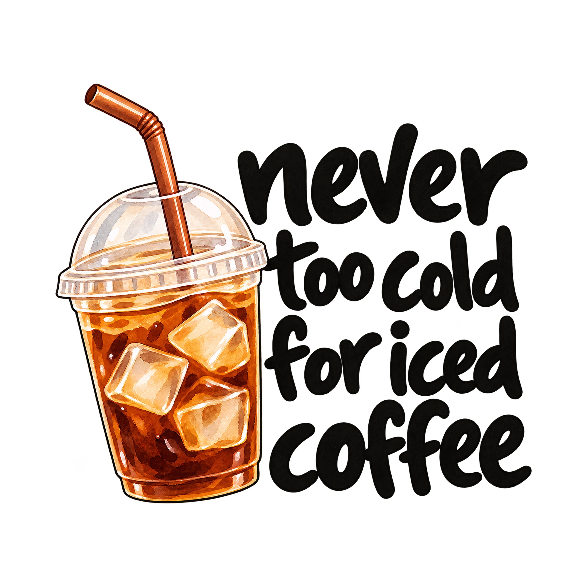 Bügelbild never too cold for iced coffee, Küchen Spruch Bügelbild als Grafik auf weißem Hintergrund (BB015098)