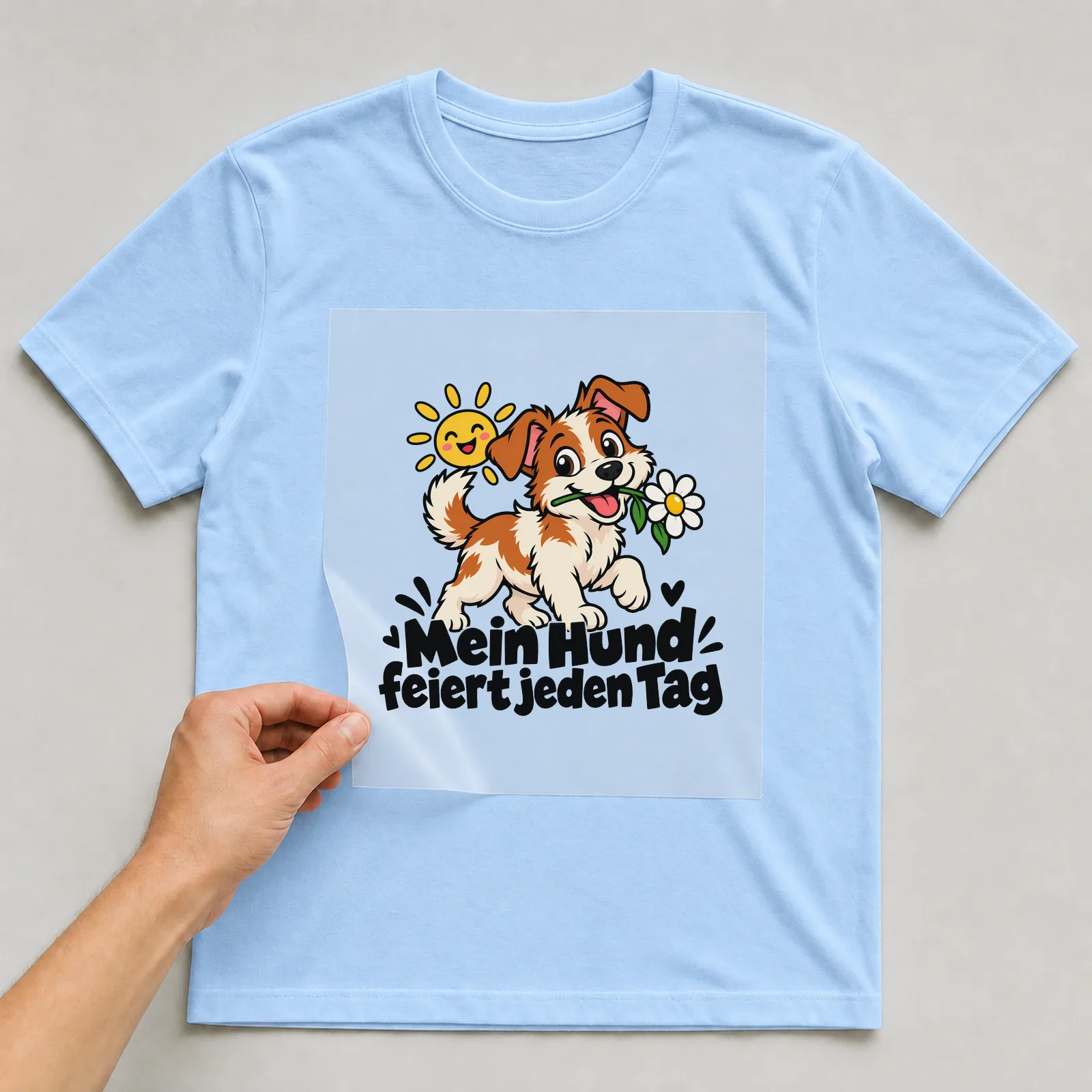 Bügelbild „Mein Hund feiert jeden Tag“ auf hellblauem T-Shirt, Folie wird aufgelegt