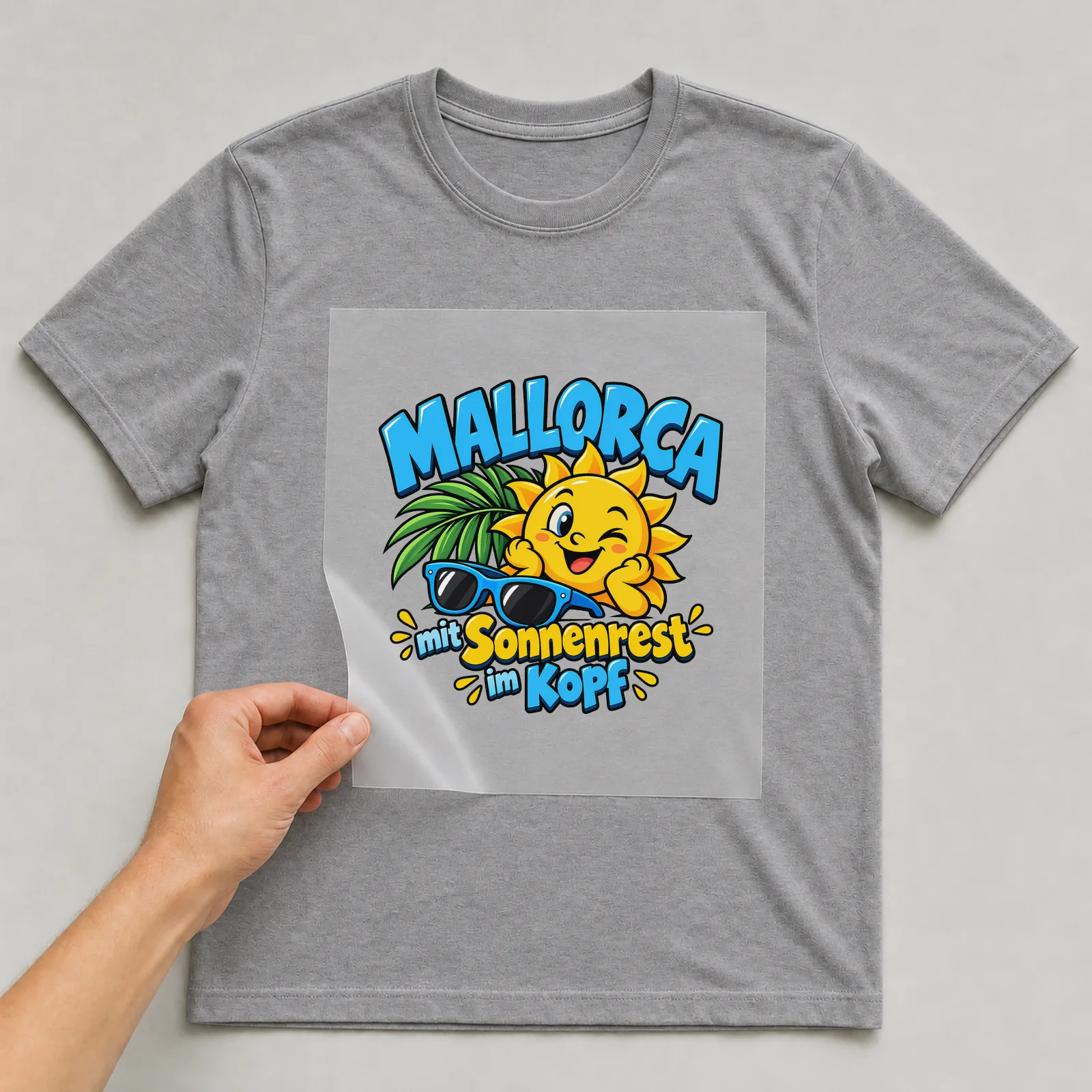 Bügelbild „Mallorca mit Sonnenrest im Kopf“ auf grauem T-Shirt, Folie wird aufgelegt