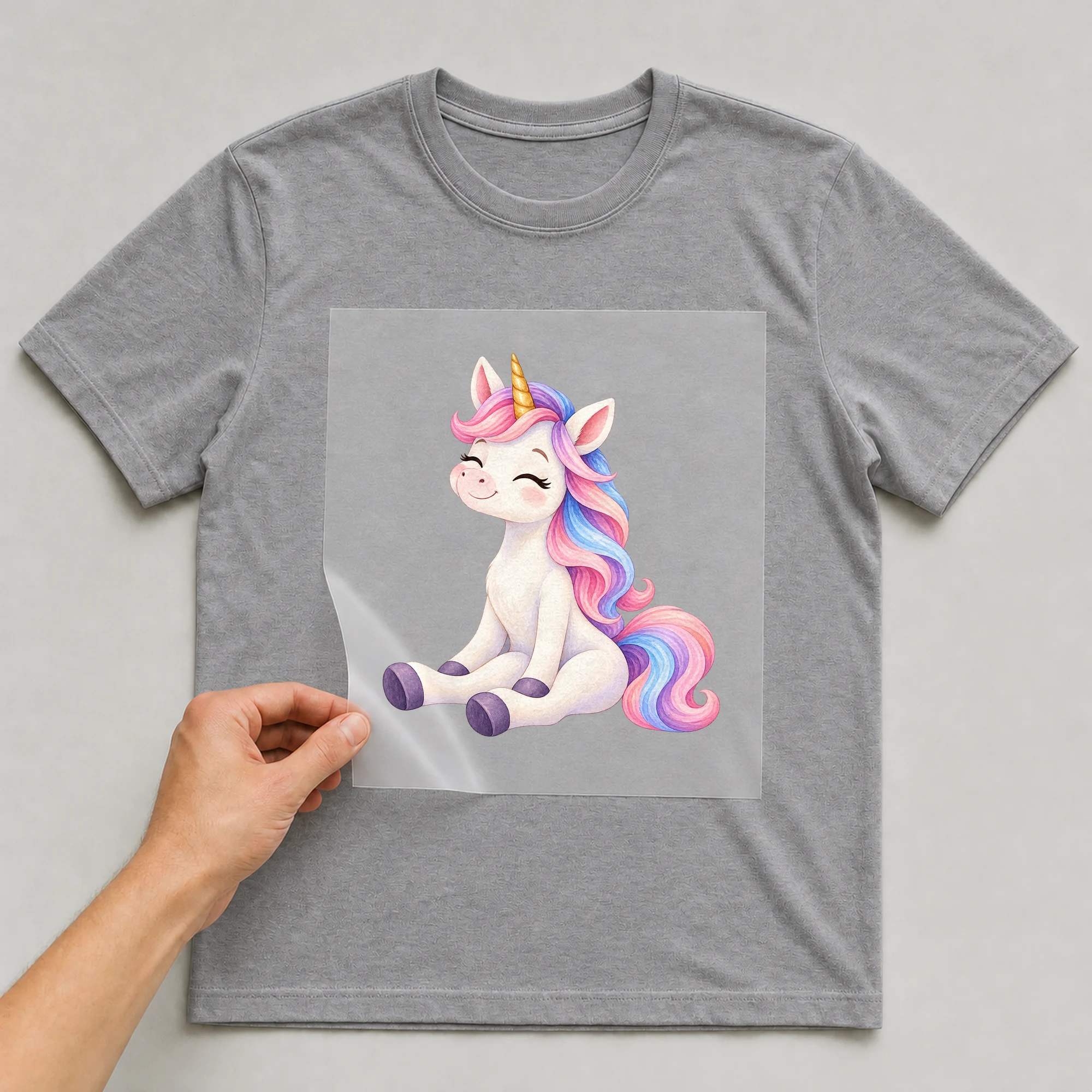 Bügelbild „Ausatmen Einhorn Yoga“ auf grauem T-Shirt, Folie wird aufgelegt