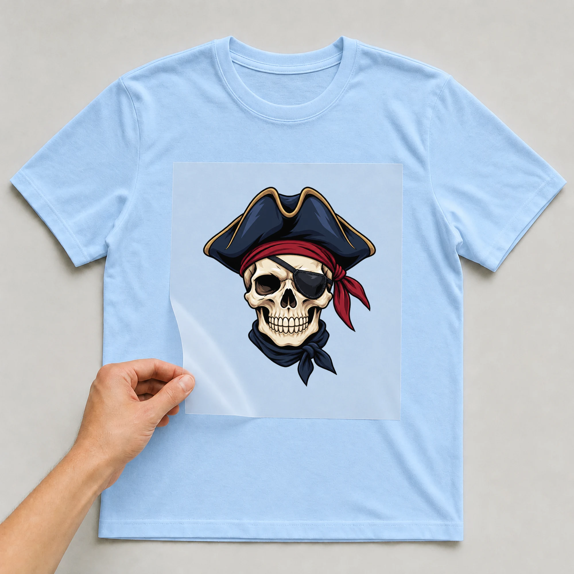 Bügelbild „Piratenschädel mit Dreispitz“ auf babyblauem T-Shirt, Folie wird aufgelegt