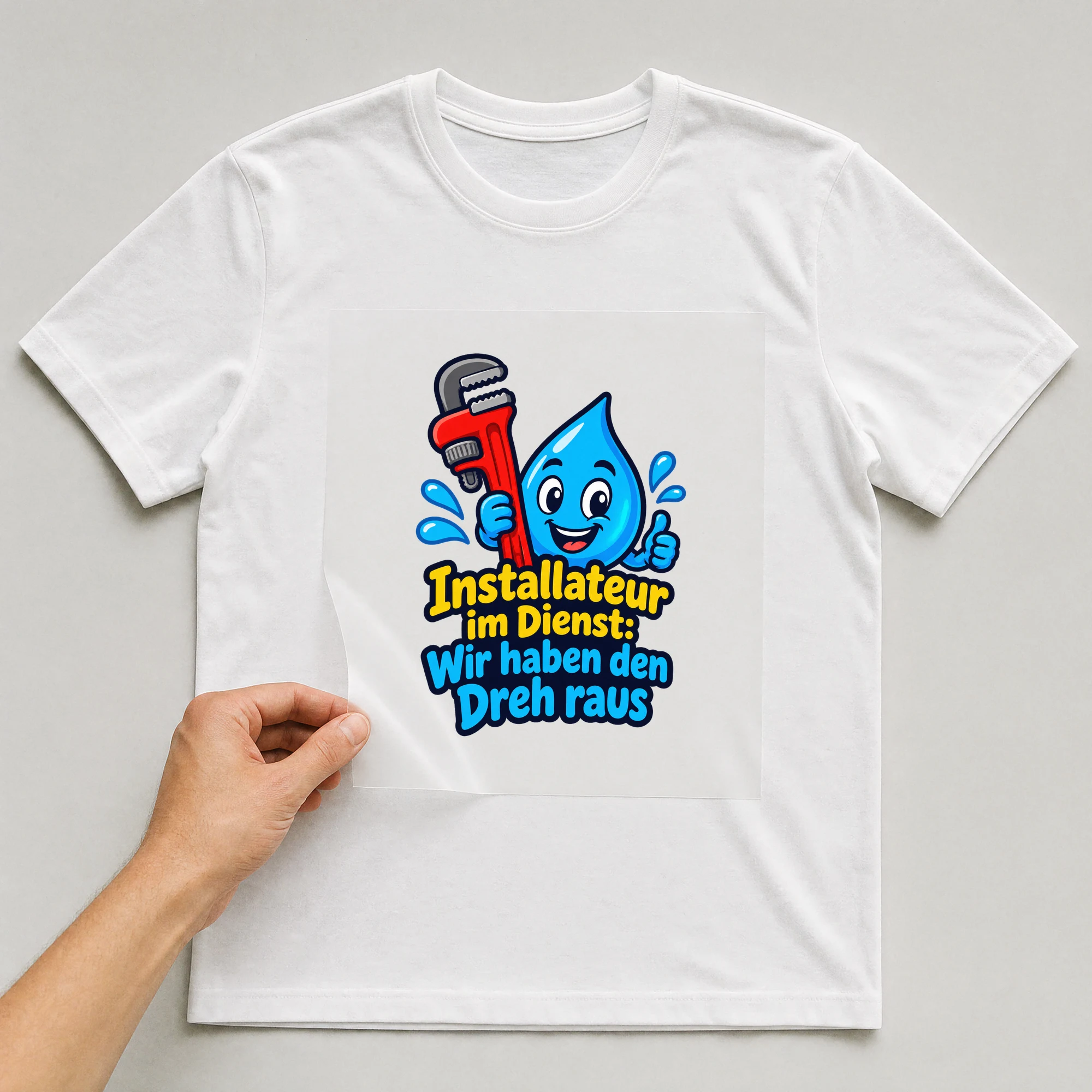 Bügelbild „Installateur im Dienst: Wir haben den Dreh raus“ auf weißem T-Shirt, Folie wird aufgelegt