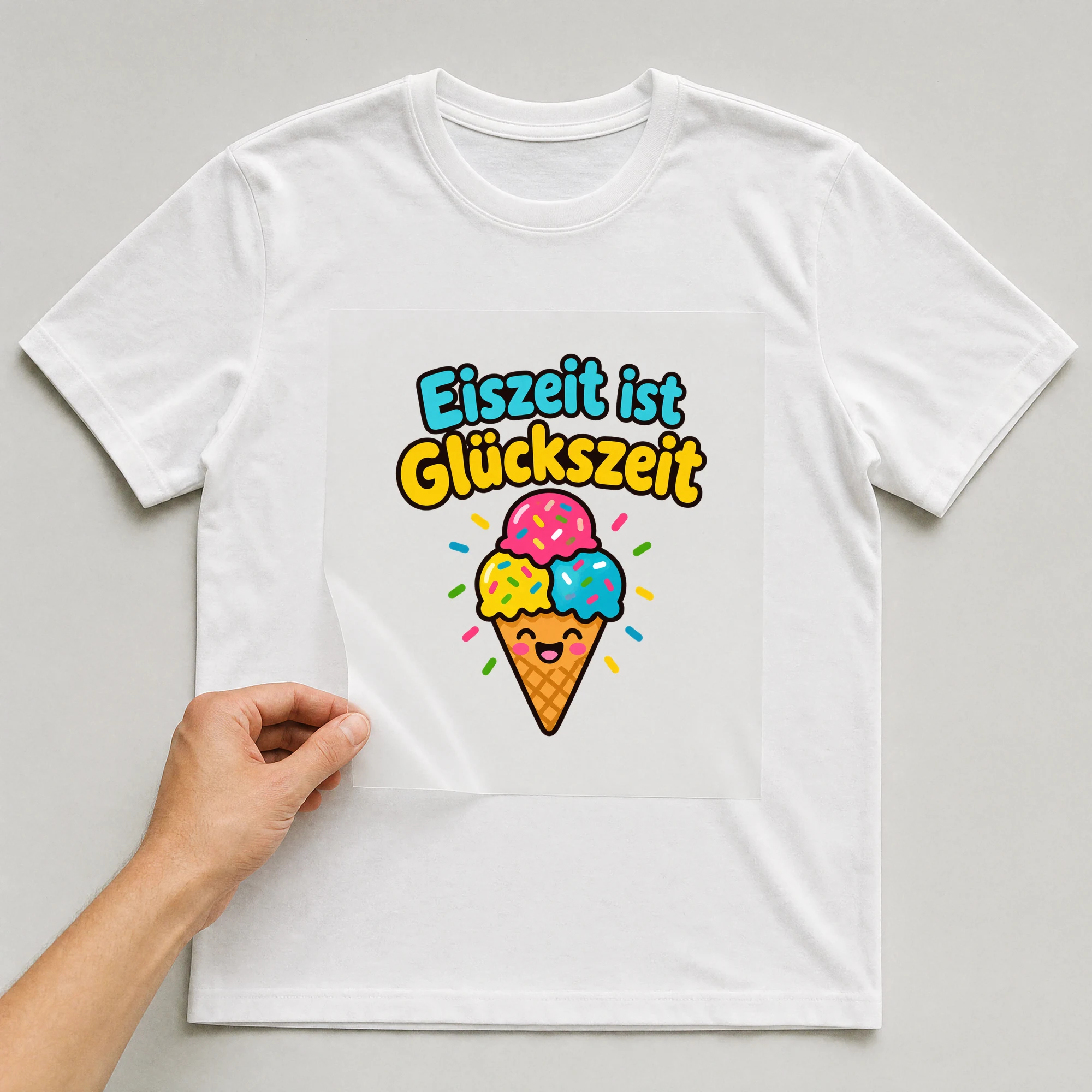 Bügelbild „Eiszeit ist Glückszeit“ auf weißem T-Shirt, Folie wird aufgelegt