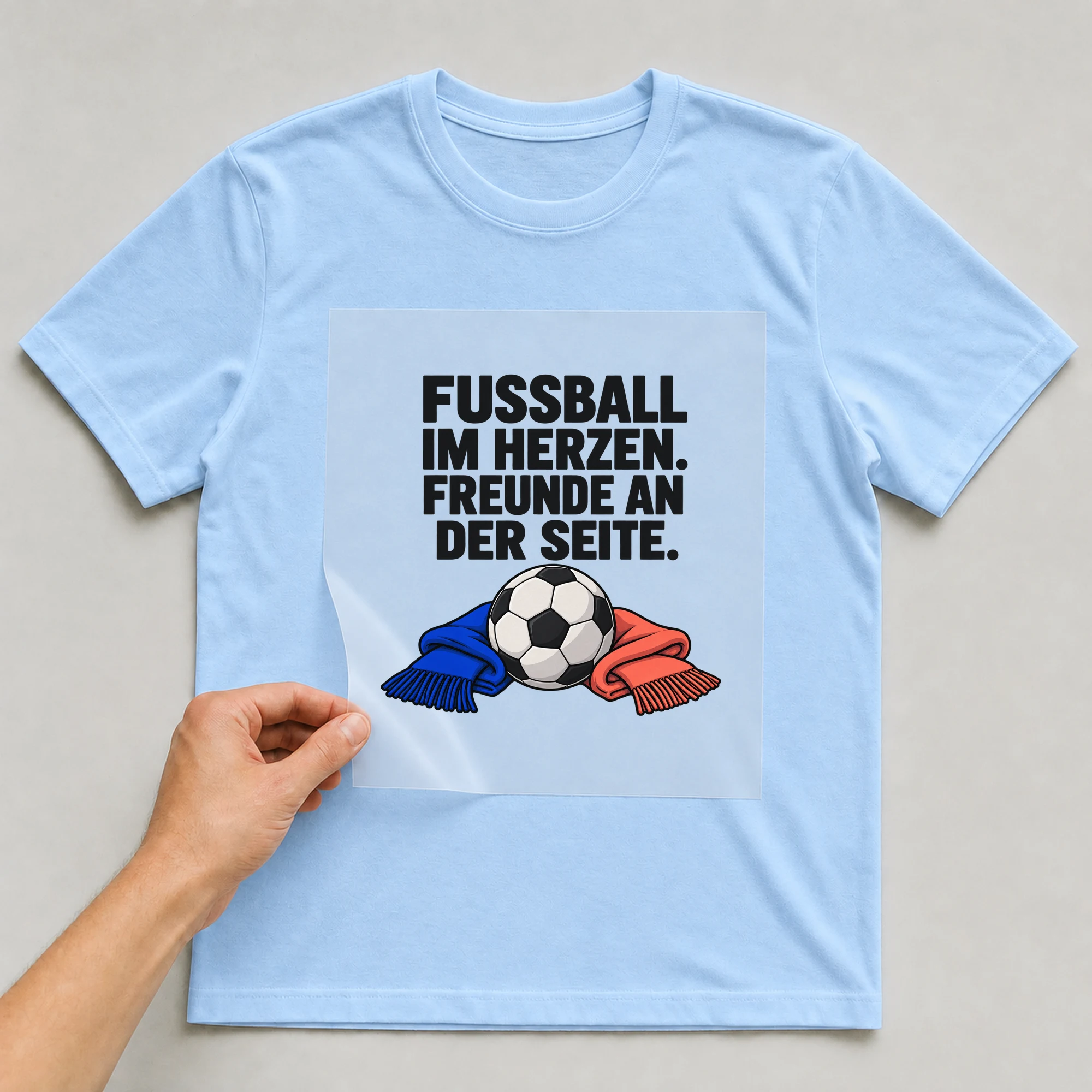 Bügelbild „FUSSBALL IM HERZEN. FREUNDE AN DER SEITE.“ auf babyblauem T-Shirt, Folie wird aufgelegt