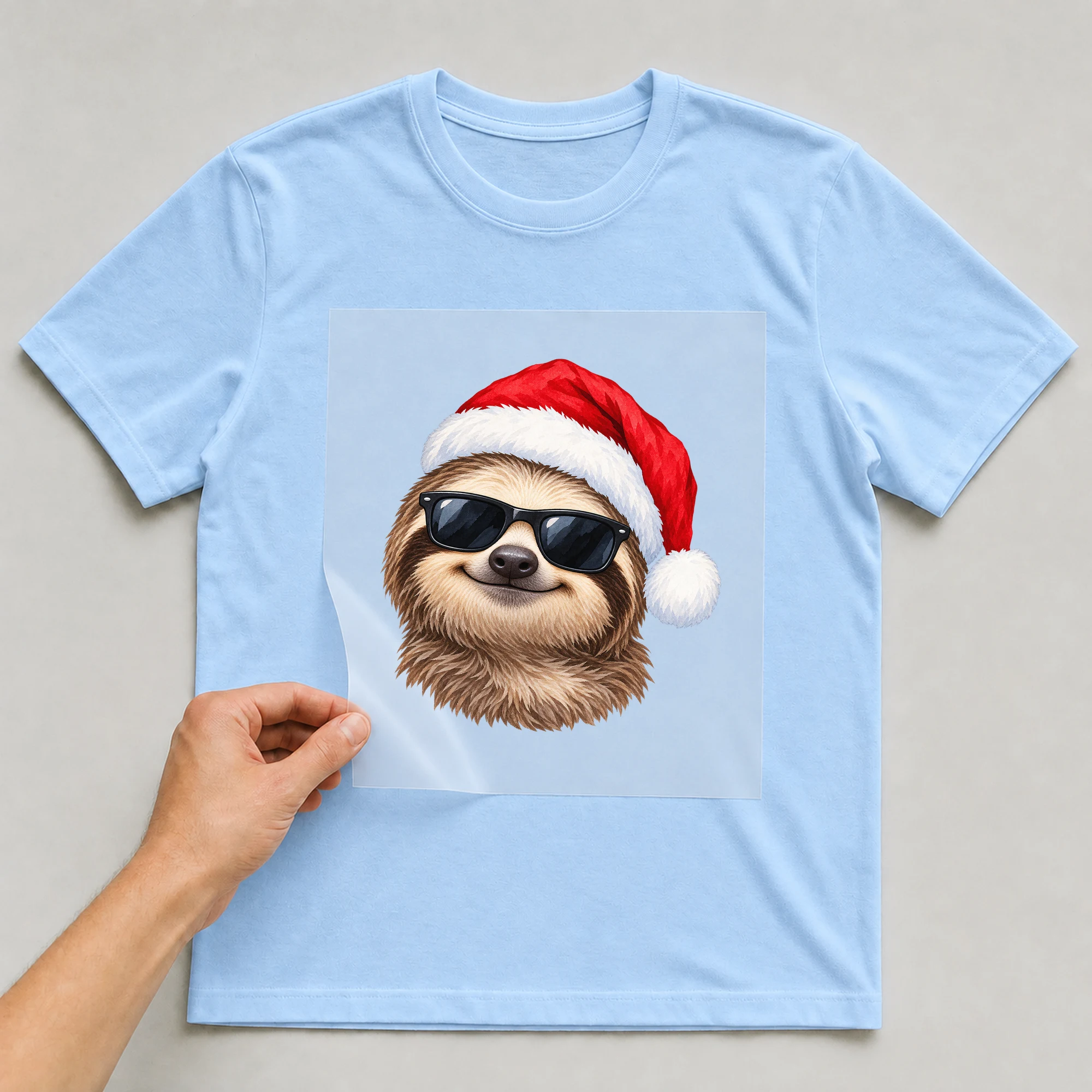 Bügelbild „Cooles Weihnachtsmann-Faultier“ auf babyblauem T-Shirt, Folie wird aufgelegt