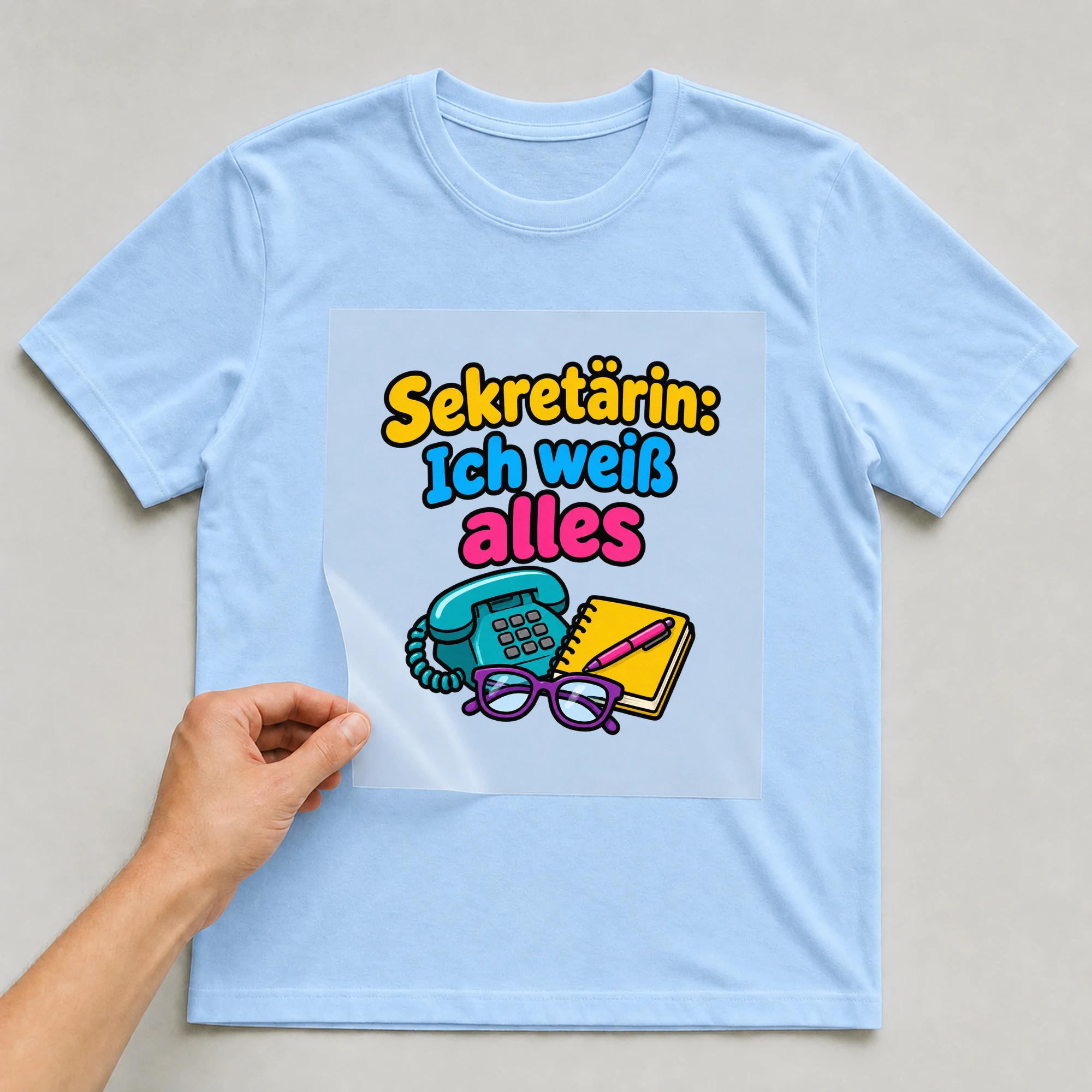 Bügelbild „Sekretärin: Ich weiß alles“ auf babyblauem T-Shirt, Folie wird aufgelegt