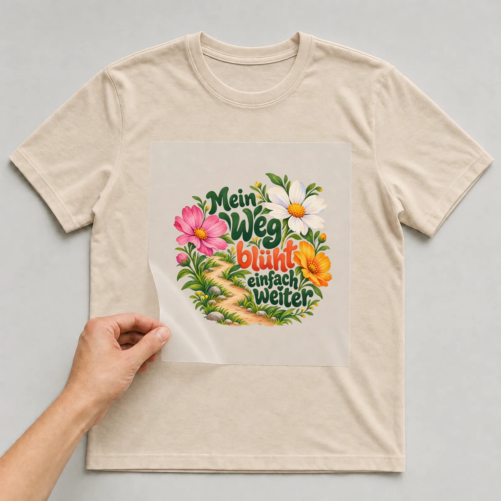 Bügelbild „Mein Weg blüht einfach weiter“ auf beigem T-Shirt, Folie wird aufgelegt