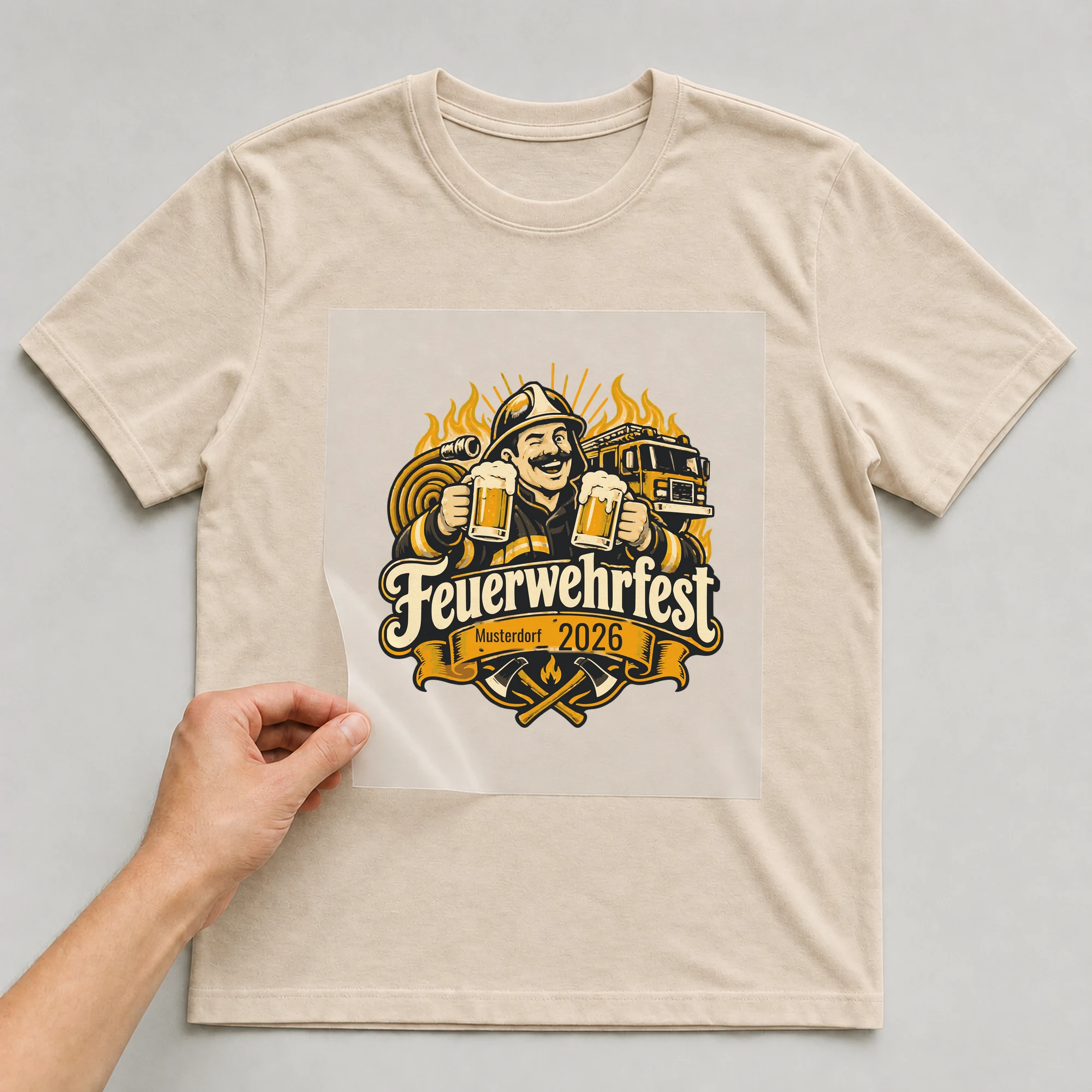 Bügelbild Feuerwehrfest mit Ort und Jahr auf beigem T-Shirt, Folie wird aufgelegt