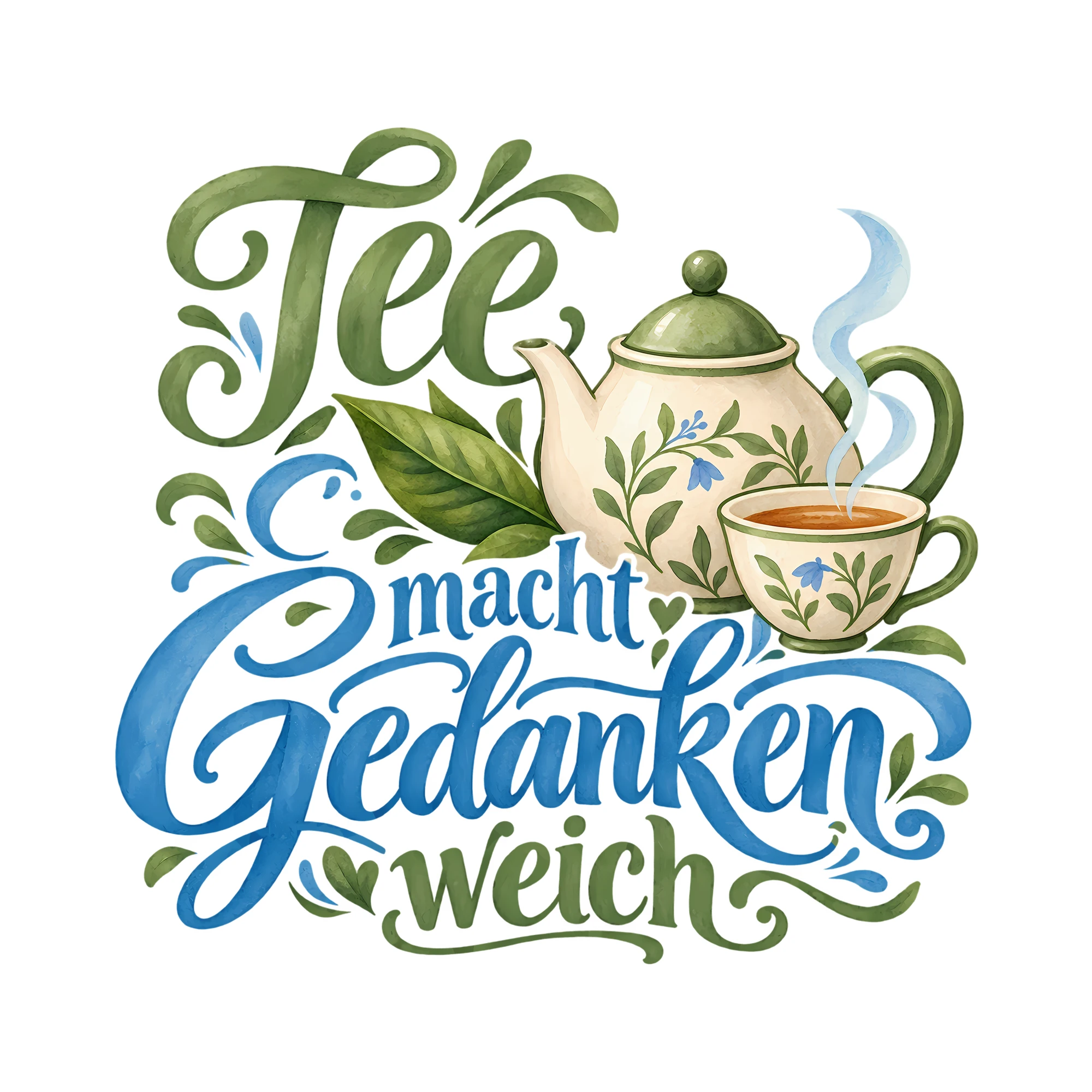 Bügelbild Tee macht Gedanken weich als Grafik auf weißem Hintergrund (BB012215)