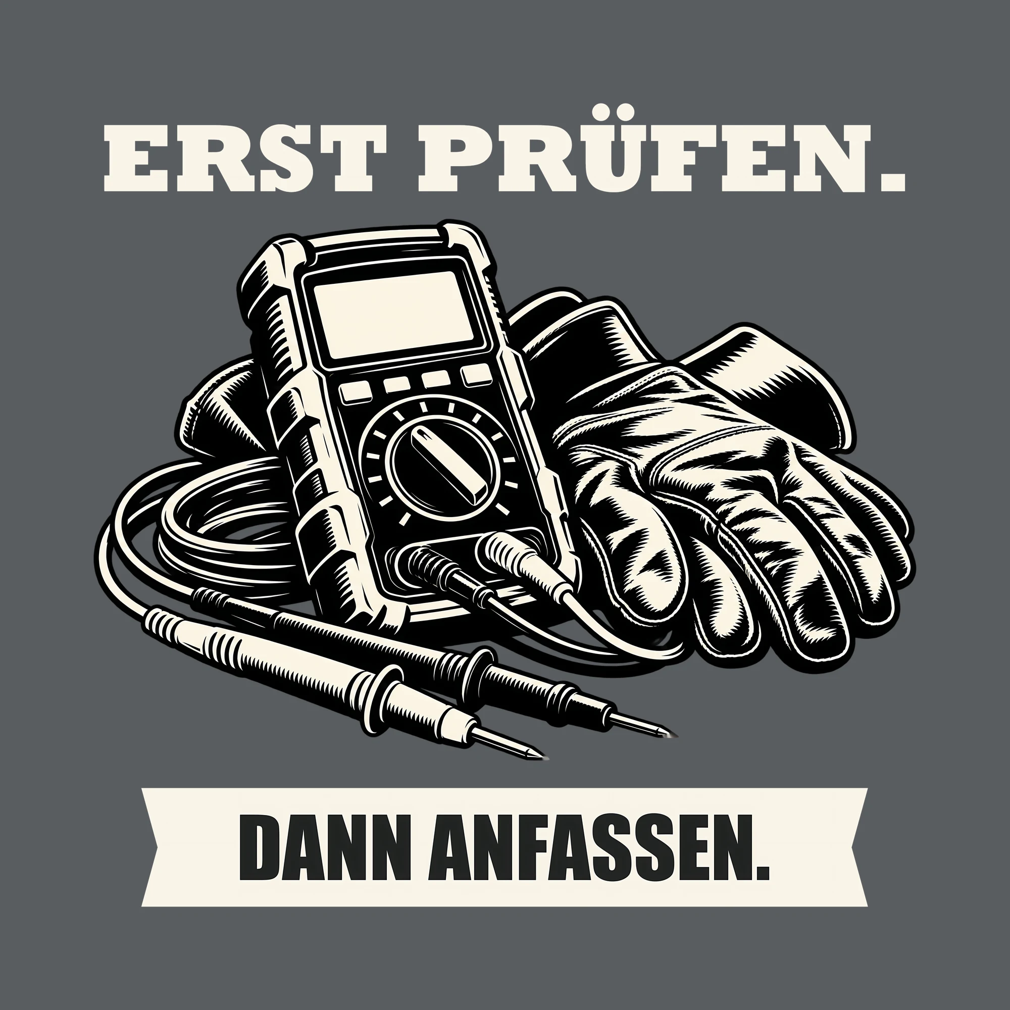 Bügelbild ERST PRÜFEN. DANN ANFASSEN. als Grafik auf dunklem Hintergrund (BB011518)