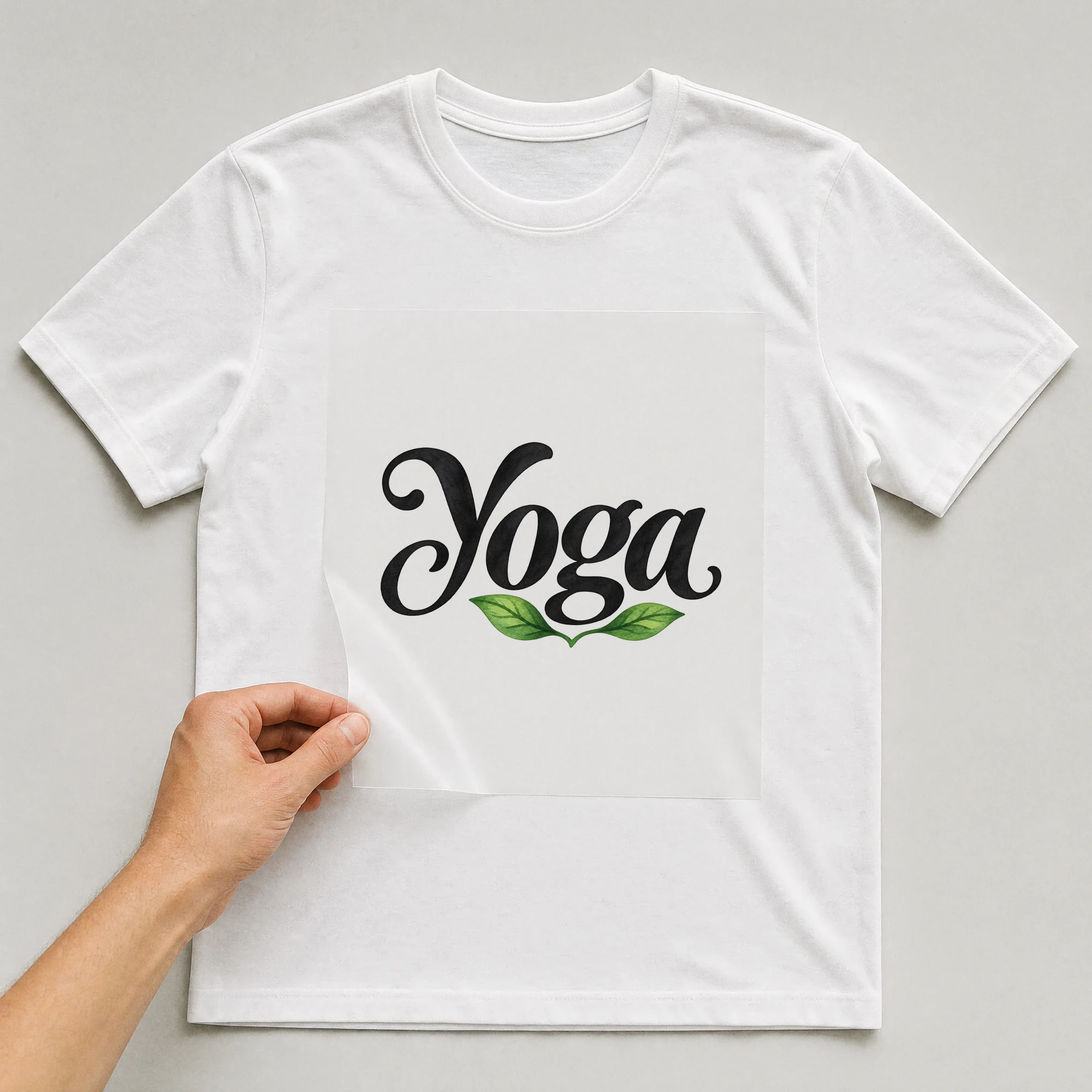Bügelbild „Yoga“ auf weißem T-Shirt, Folie wird aufgelegt