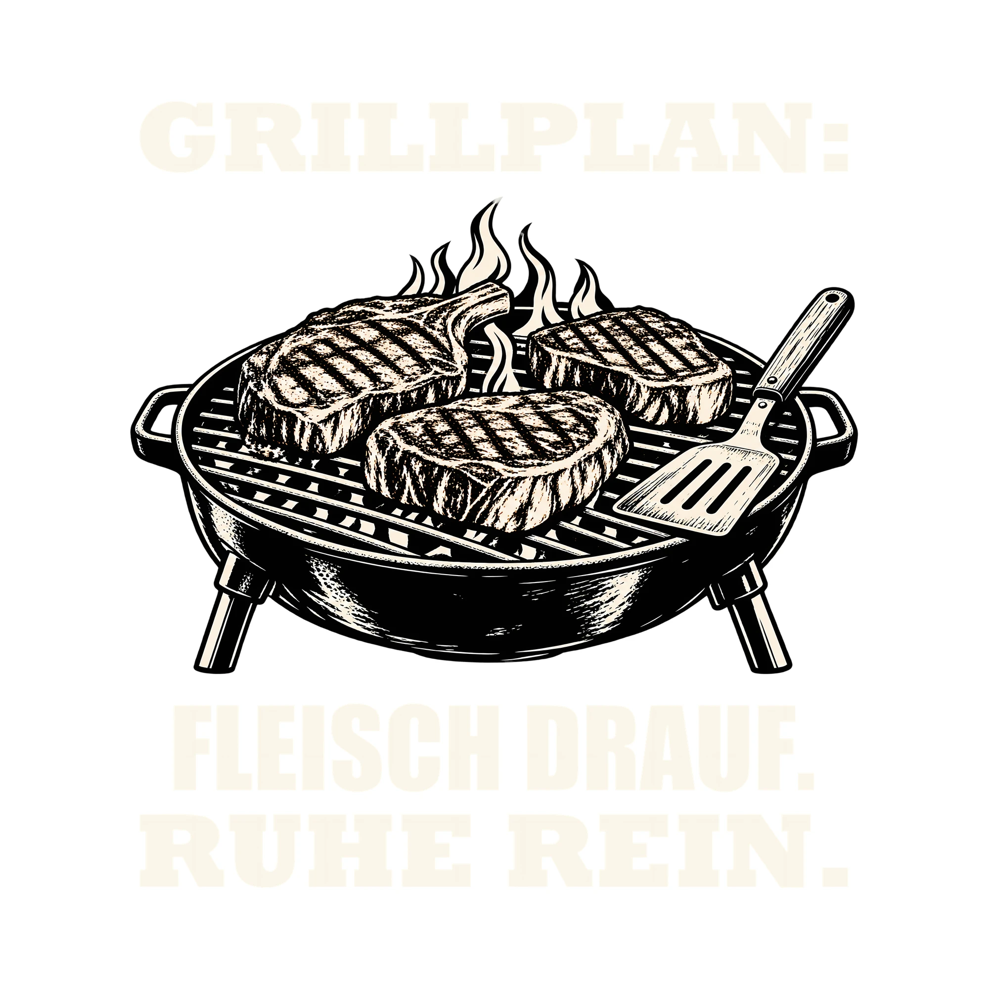 Bügelbild GRILLPLAN: FLEISCH DRAUF. RUHE REIN. als Grafik auf weißem Hintergrund (BB012061)