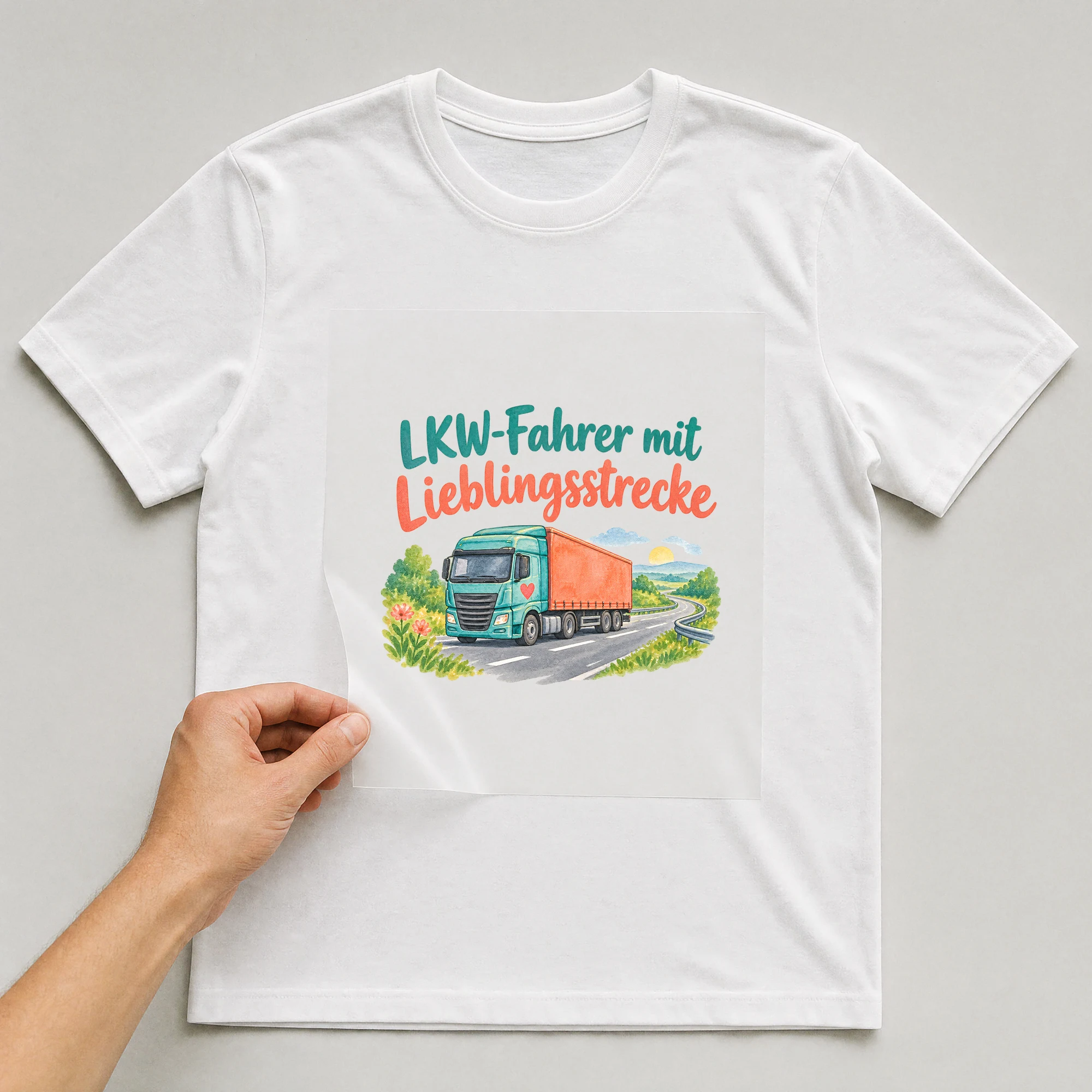 Bügelbild „LKW-Fahrer mit Lieblingsstrecke“ auf weißem T-Shirt, Folie wird aufgelegt