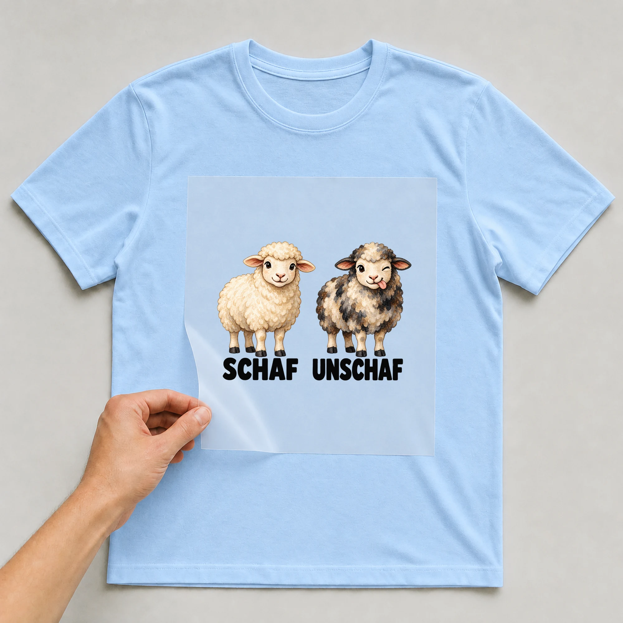 Bügelbild „Schaf Unschaf“ auf babyblauem T-Shirt, Folie wird aufgelegt