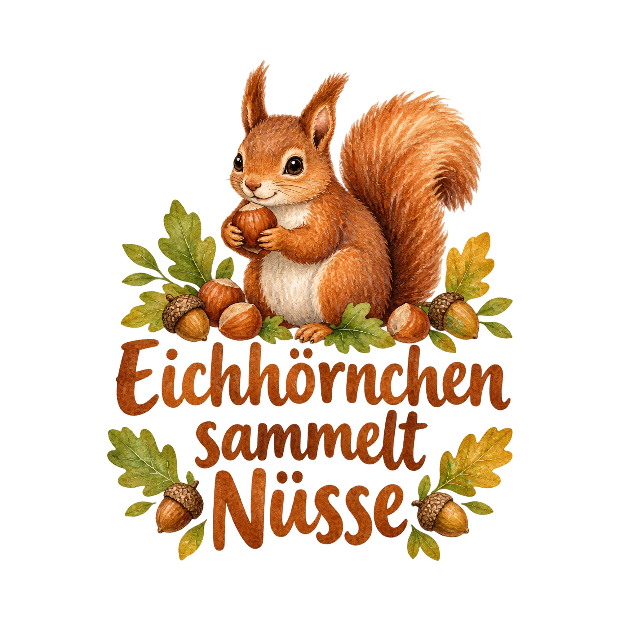 Bügelbild Eichhörnchen sammelt Nüsse als Grafik auf weißem Hintergrund (BB018584)