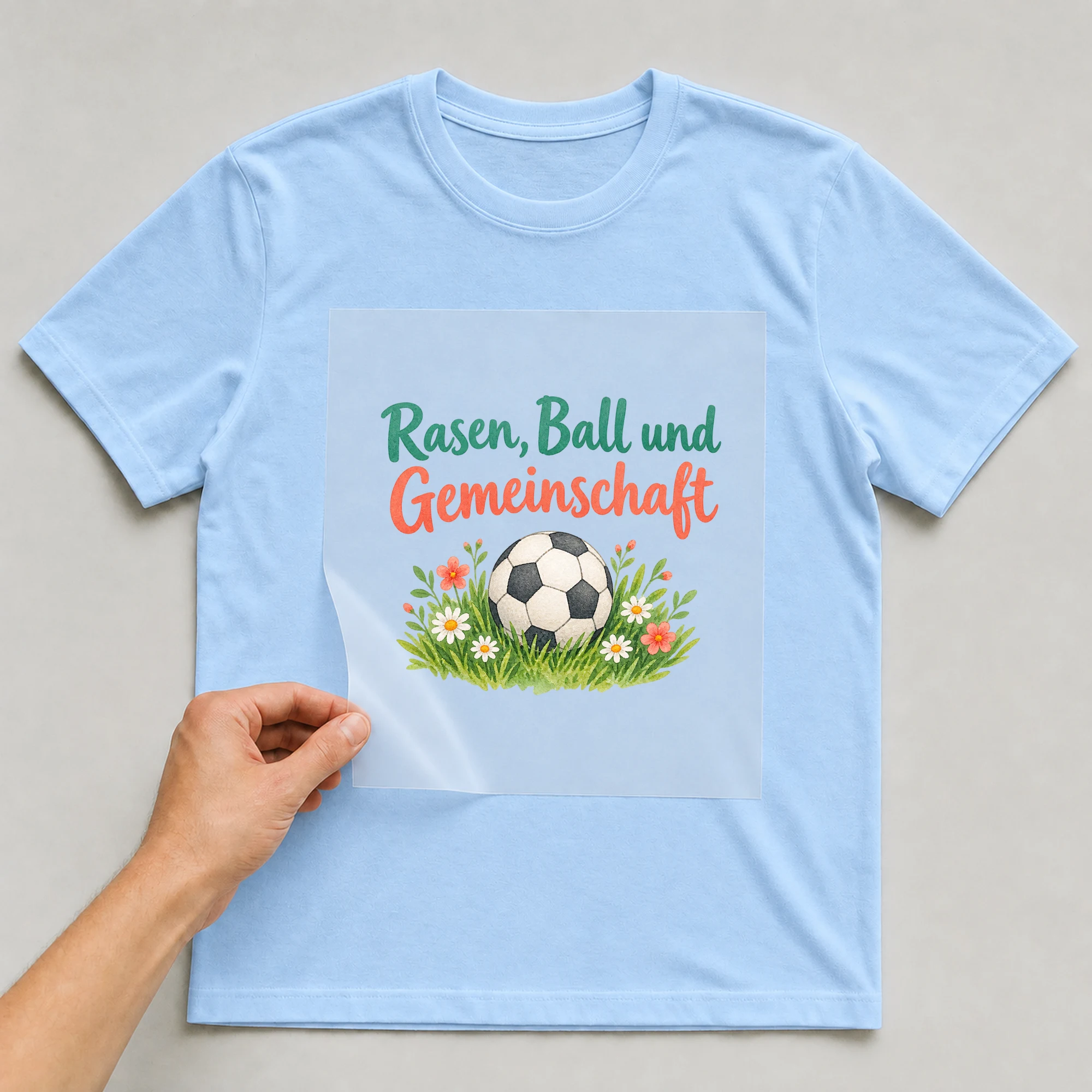 Bügelbild „Rasen, Ball und Gemeinschaft“ auf babyblauem T-Shirt, Folie wird aufgelegt