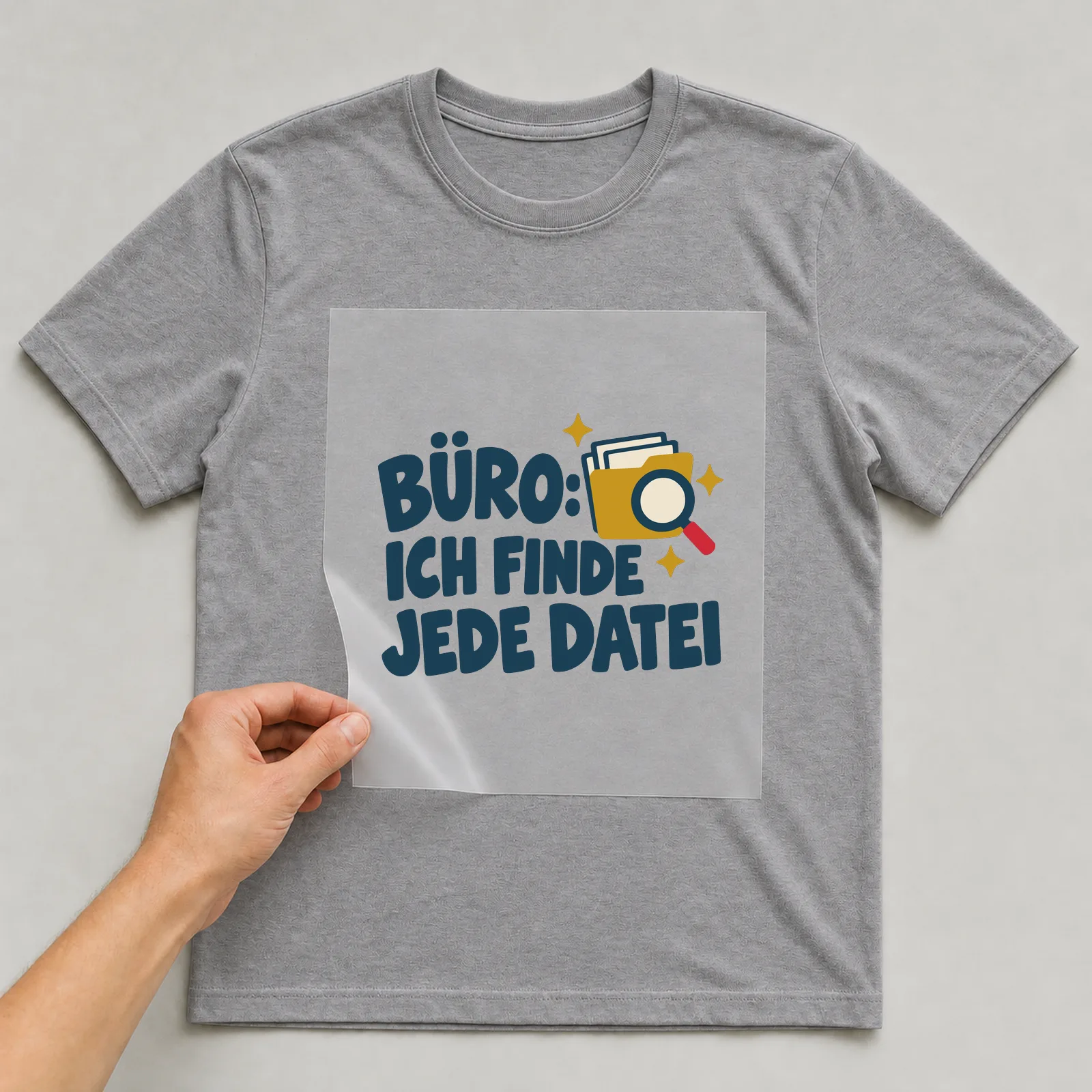 Bügelbild Büro: Ich finde jede Datei auf grauem T-Shirt, Folie wird aufgelegt