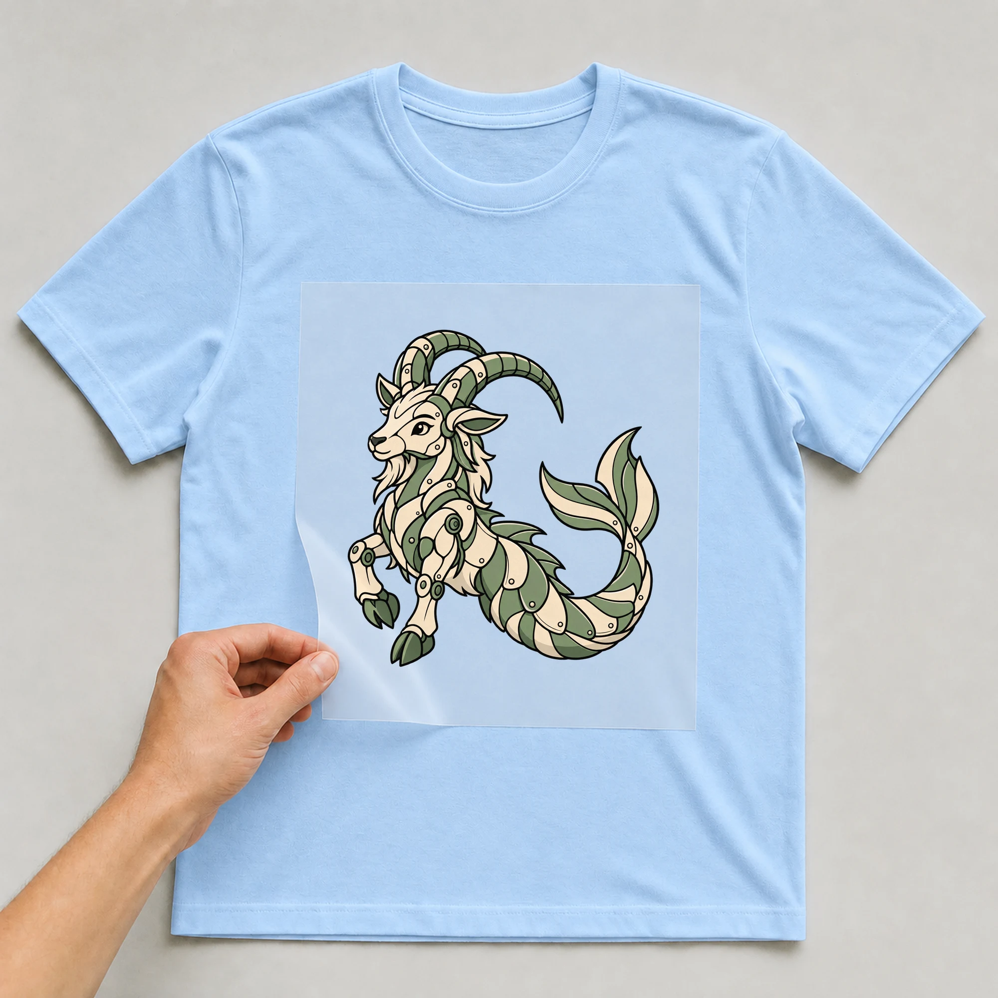 Bügelbild „Mecha Robotic Zodiac Sign Capricorn“ auf babyblauem T-Shirt, Folie wird aufgelegt