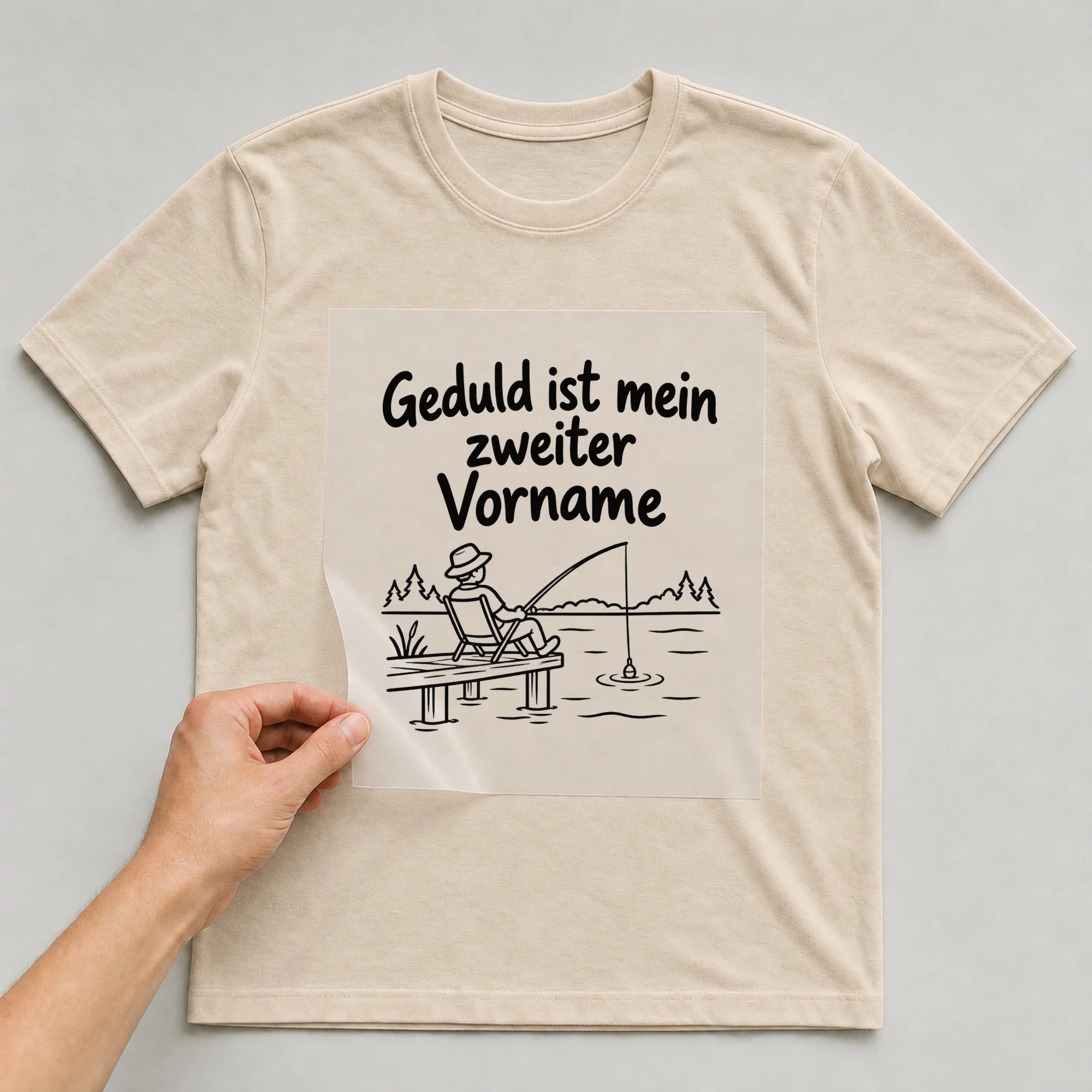 Bügelbild „Geduld ist mein zweiter Vorname“ auf beigem T-Shirt, Folie wird aufgelegt