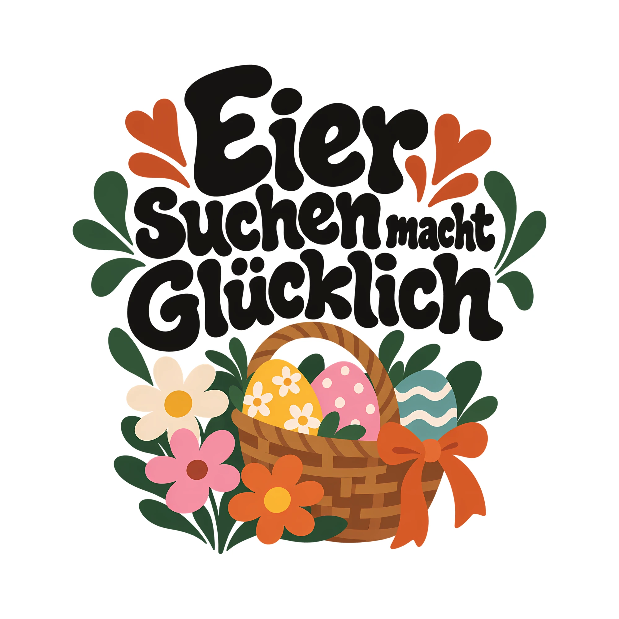 Bügelbild Eier suchen macht glücklich als Grafik auf weißem Hintergrund (BB013331)