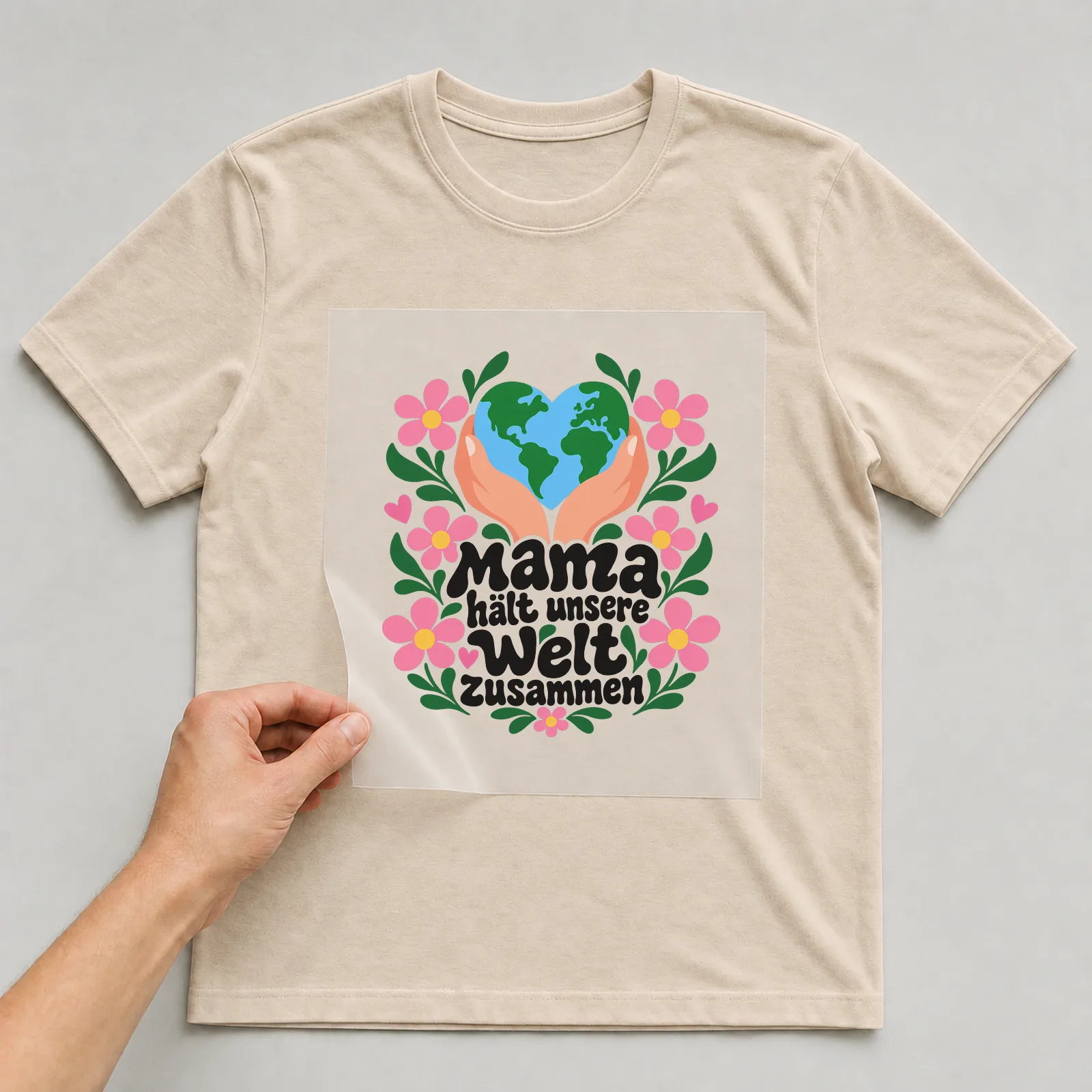 Bügelbild „Mama hält unsere Welt zusammen“ auf beigem T-Shirt, Folie wird aufgelegt