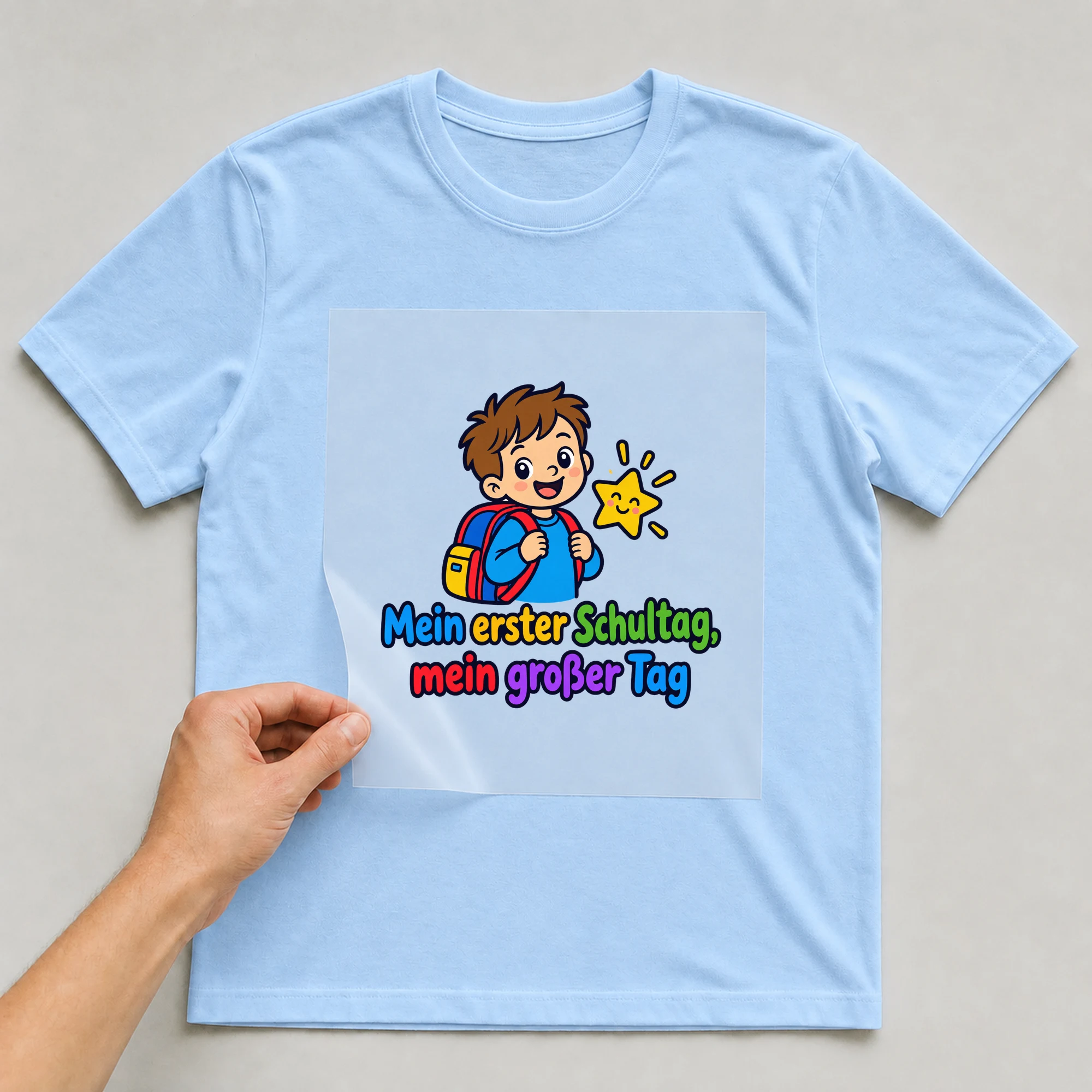 Bügelbild „Mein erster Schultag, mein großer Tag“ auf babyblauem T-Shirt, Folie wird aufgelegt