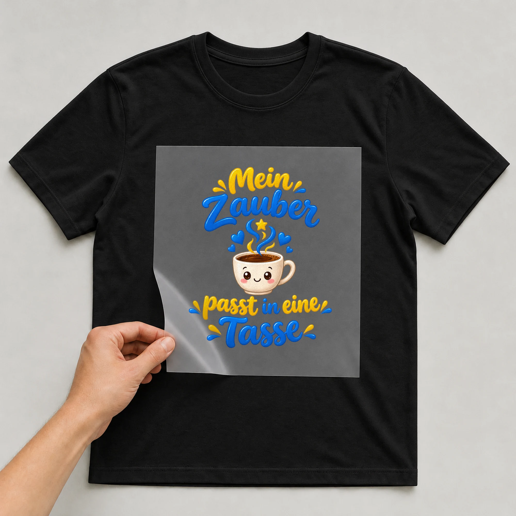 Bügelbild „Mein Zauber passt in eine Tasse“ auf schwarzem T-Shirt, Folie wird aufgelegt