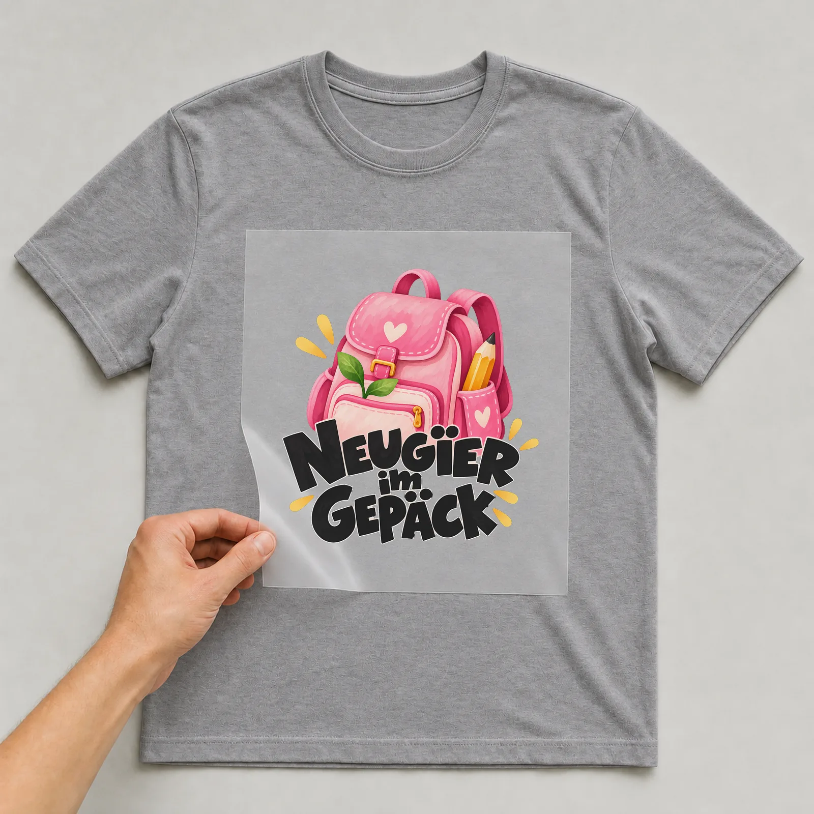 Bügelbild „Neugier im Gepäck“ auf grauem T-Shirt, Folie wird aufgelegt