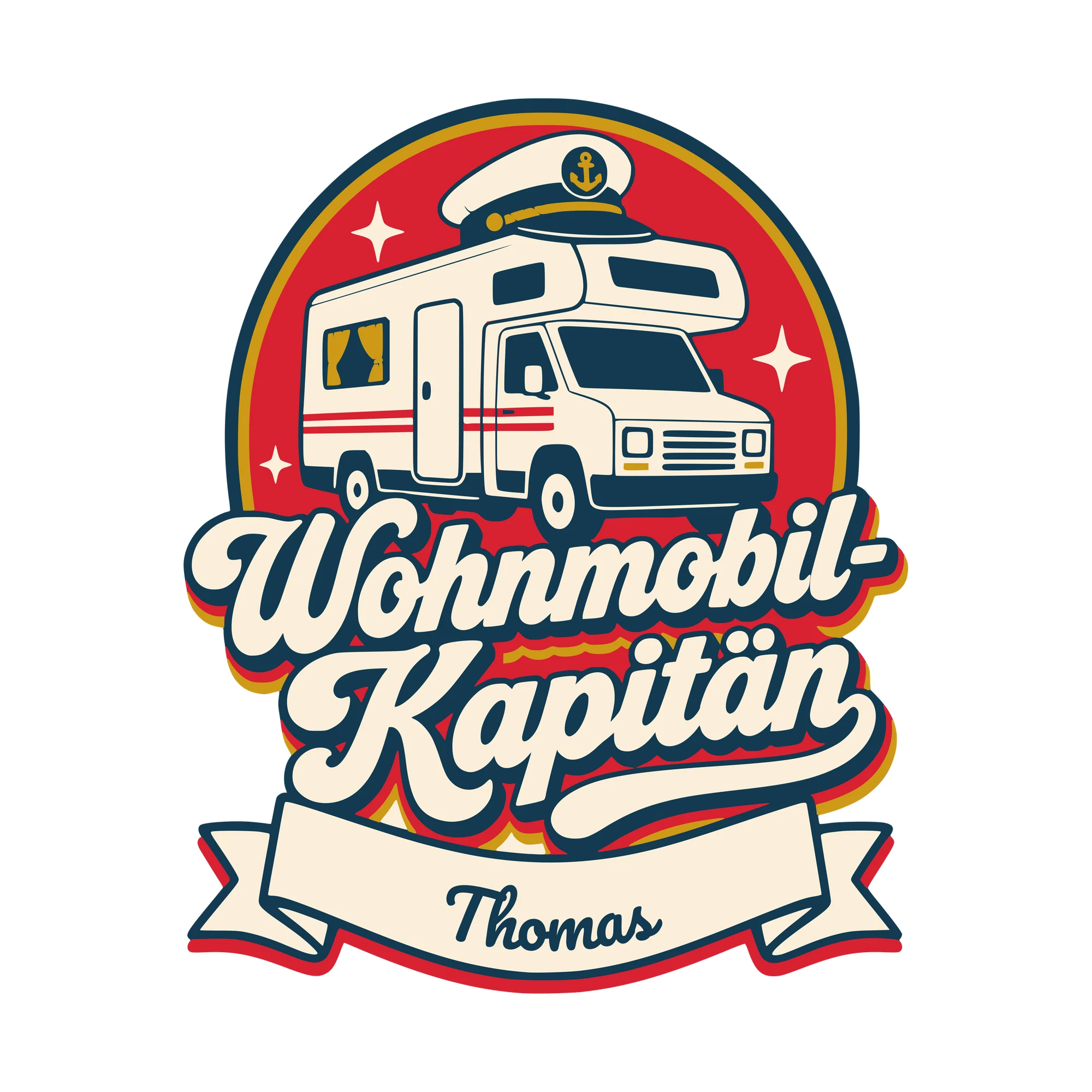 Bügelbild Wohnmobil-Kapitän mit Name als Grafik auf weißem Hintergrund (BB010453)