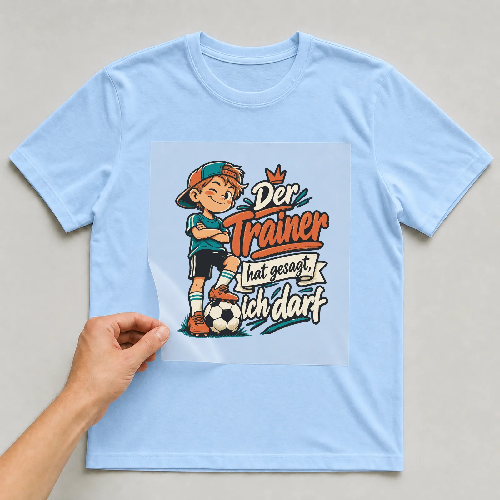 Bügelbild Der Trainer hat gesagt, ich darf auf hellblauem T-Shirt, Folie wird aufgelegt