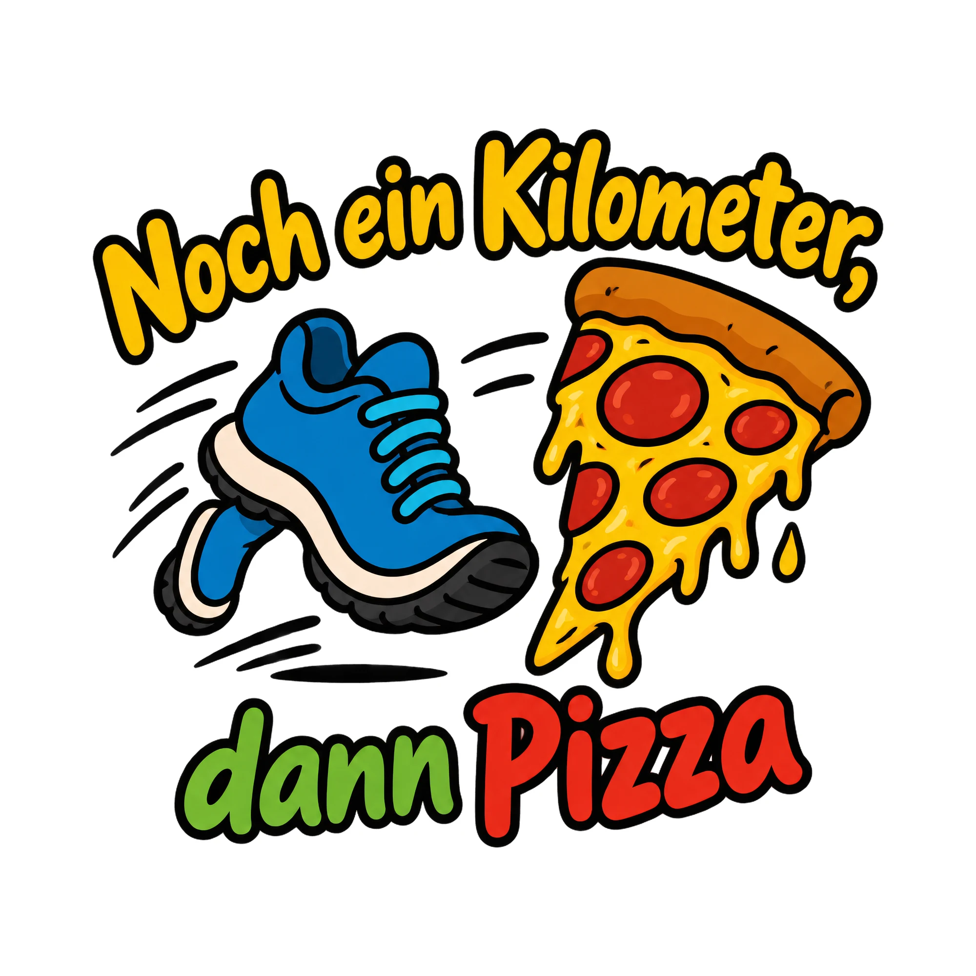 Bügelbild Noch ein Kilometer, dann Pizza als Grafik auf weißem Hintergrund (BB019442)