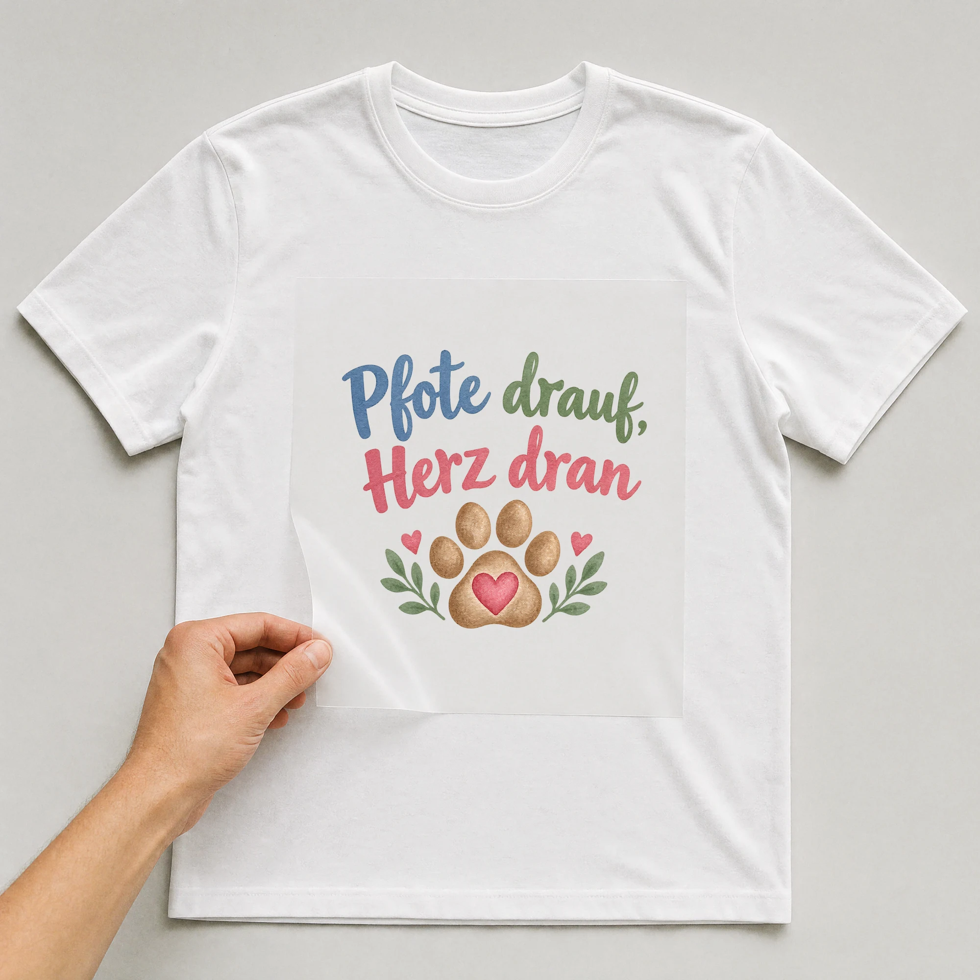 Bügelbild „Pfote drauf, Herz dran“ auf weißem T-Shirt, Folie wird aufgelegt