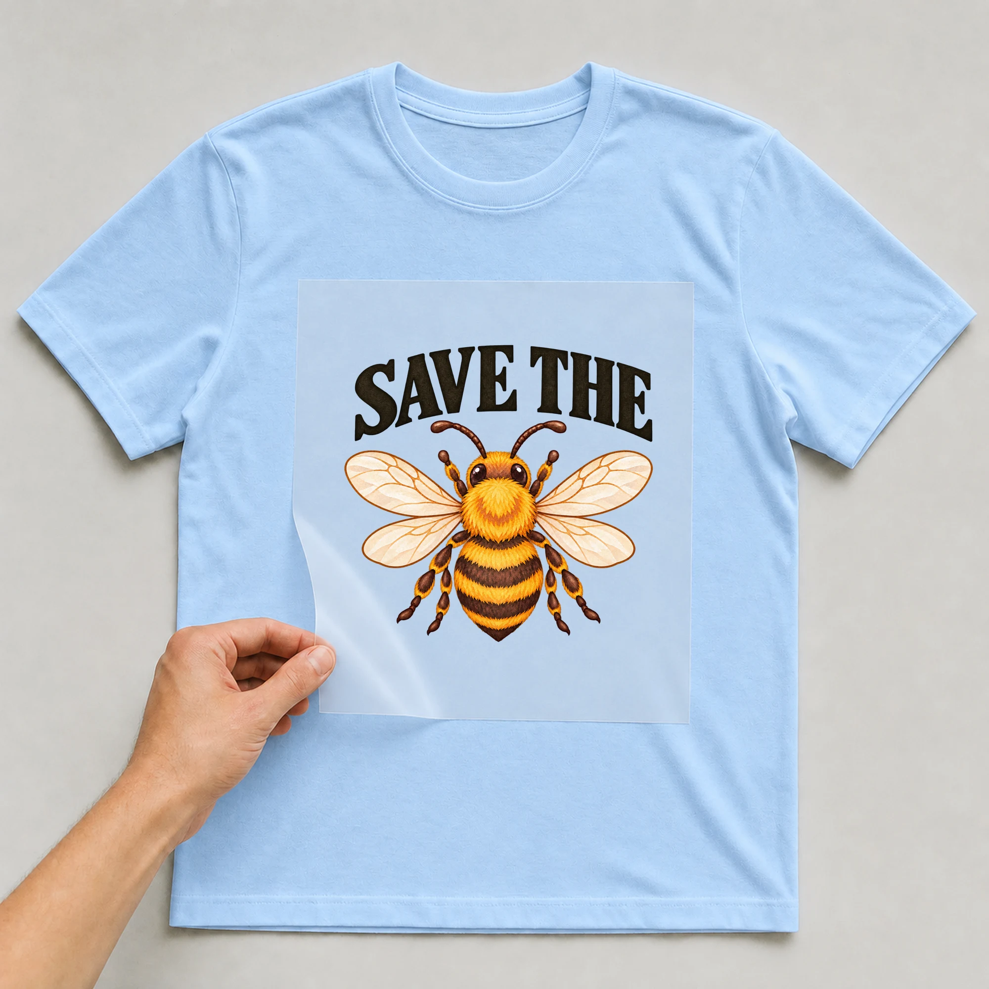 Bügelbild „Save The“ auf babyblauem T-Shirt, Folie wird aufgelegt