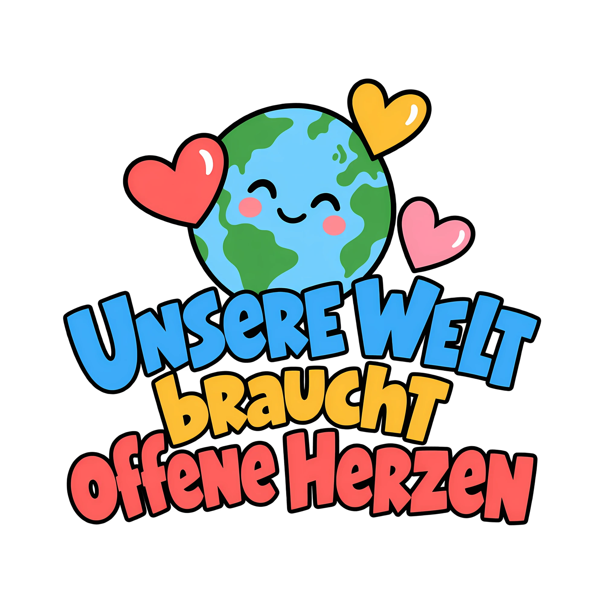 Bügelbild Unsere Welt braucht offene Herzen als Grafik auf weißem Hintergrund (BB013535)