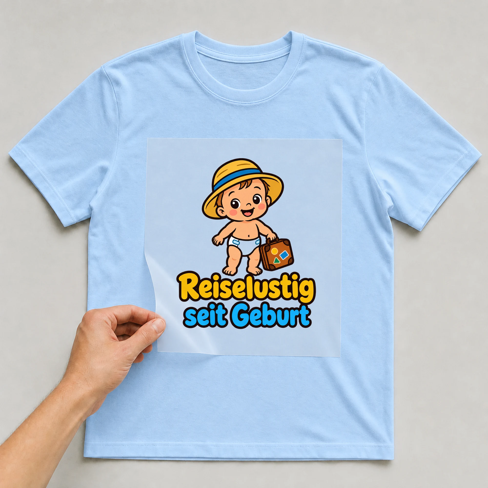 Bügelbild „Reiselustig seit Geburt“ auf babyblauem T-Shirt, Folie wird aufgelegt