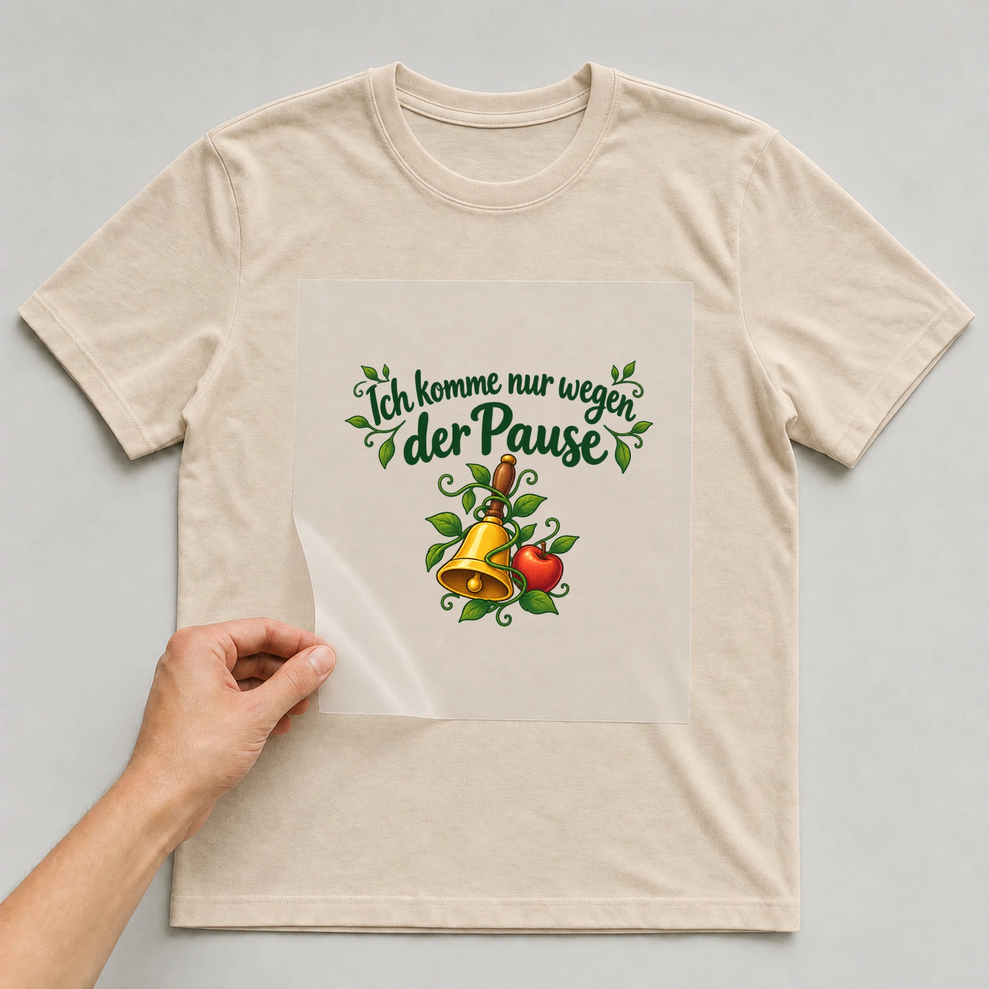 Bügelbild „Ich komme nur wegen der Pause“ auf beigem T-Shirt, Folie wird aufgelegt