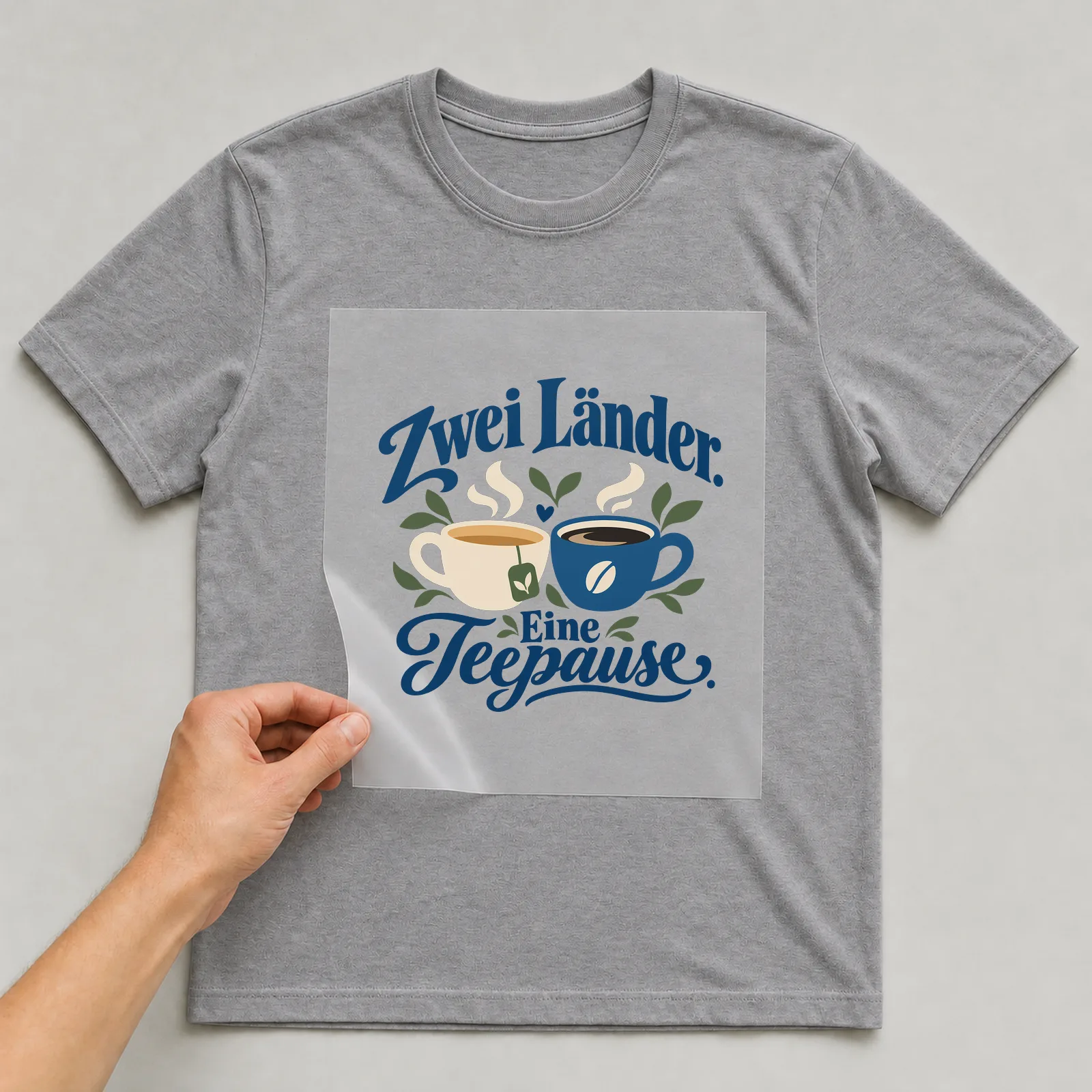 Bügelbild „Zwei Länder. Eine Teepause.“ auf grauem T-Shirt, Folie wird aufgelegt