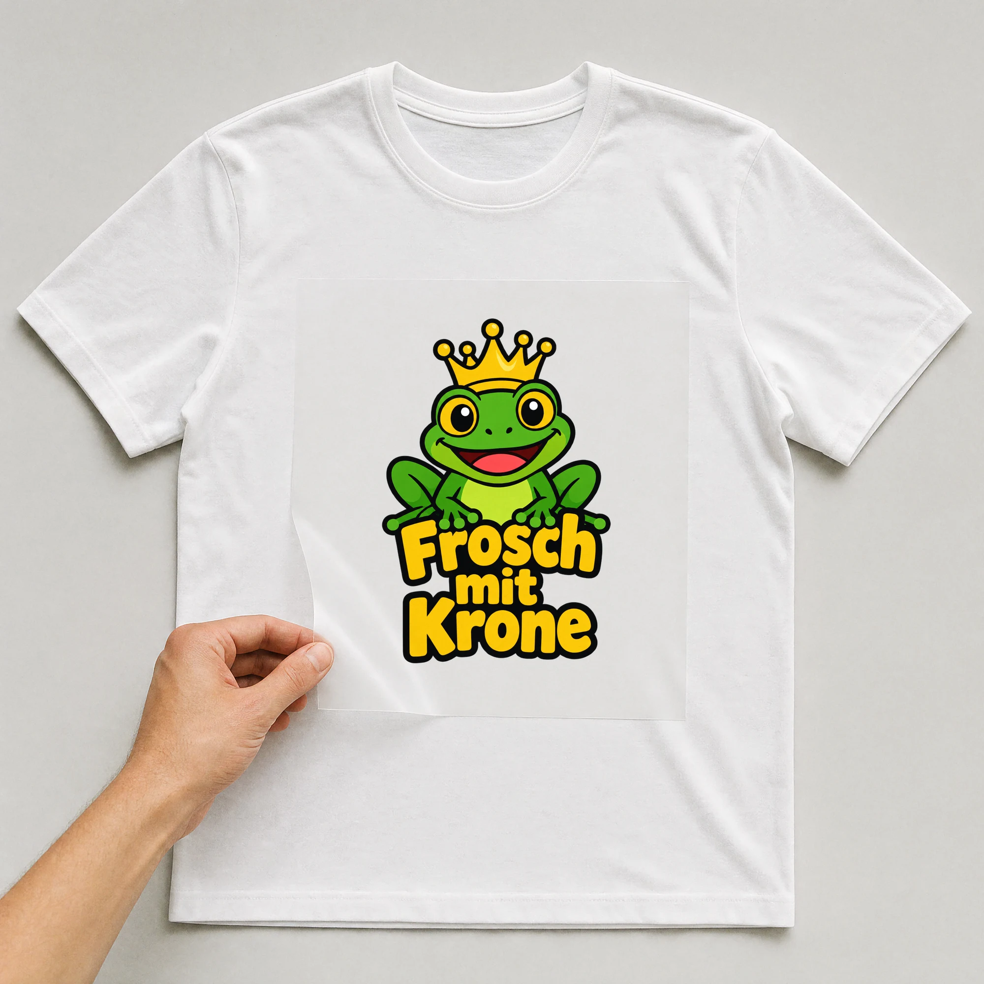 Bügelbild „Frosch mit Krone“ auf weißem T-Shirt, Folie wird aufgelegt