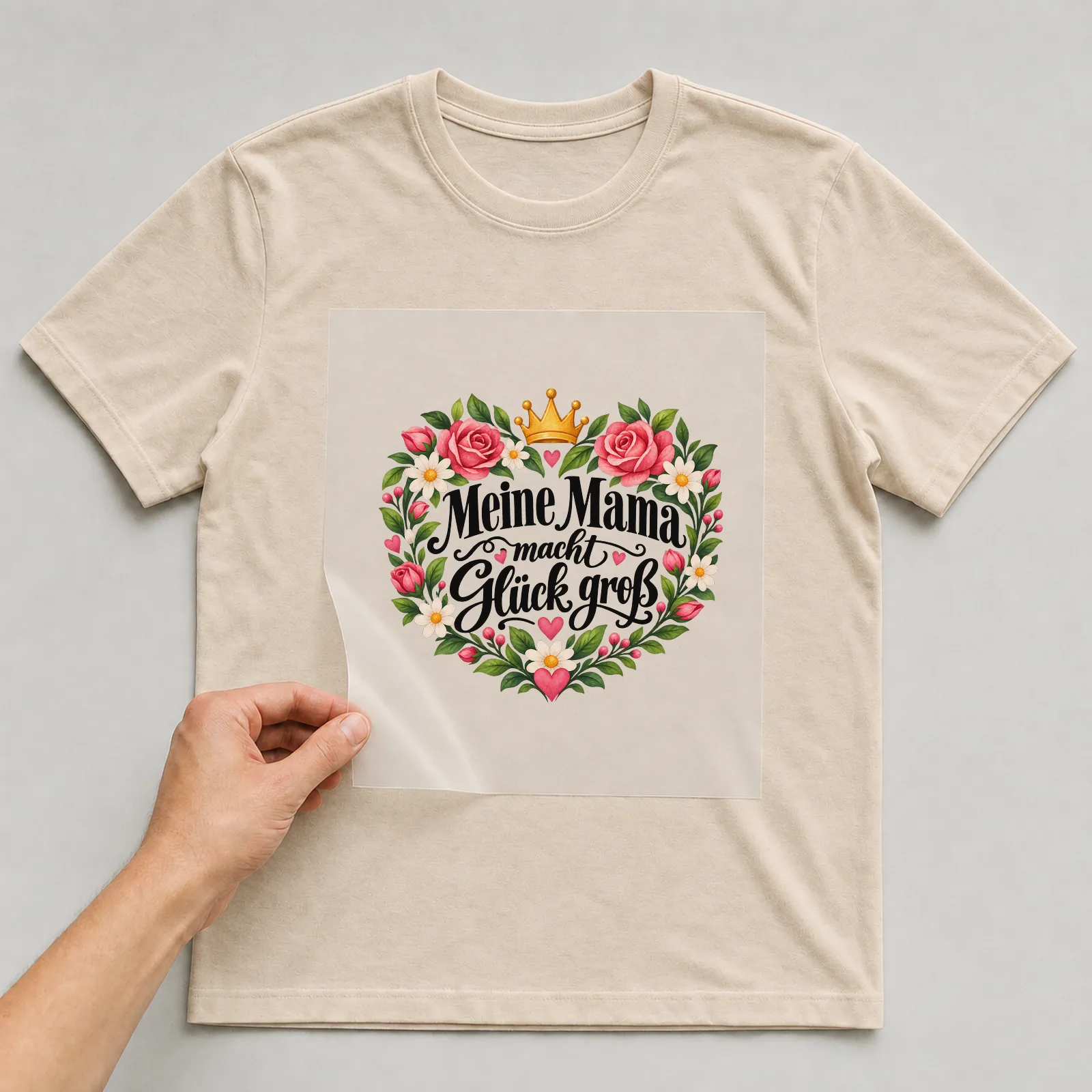 Bügelbild „Meine Mama macht Glück groß“ auf beigem T-Shirt, Folie wird aufgelegt